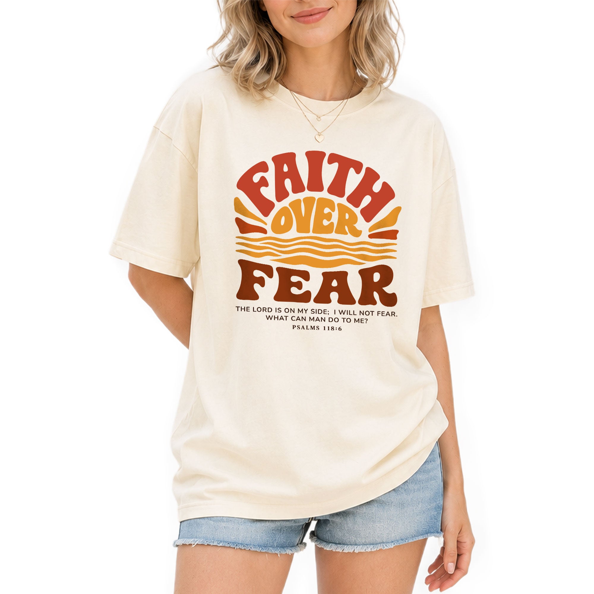 Faith Over Fear Christian Women Shirt Retro Sunset Graphic Inspirational Scripture Tee - Rust Field Wear