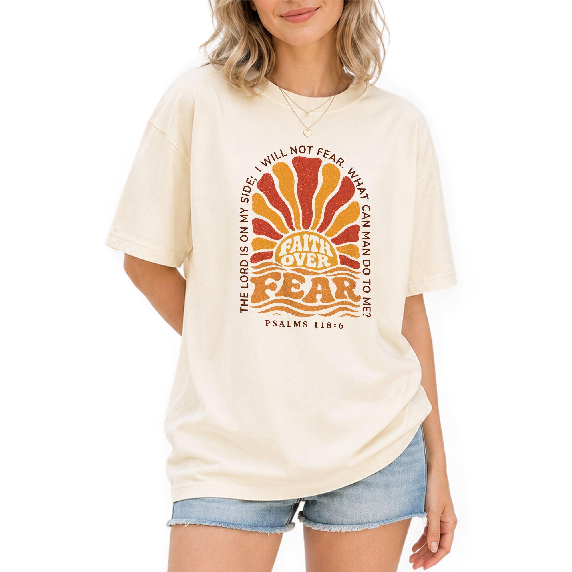 Faith Over Fear Christian Shirt Retro Sunburst Bible Verse Women T-Shirt Tee Gift - Rust Field Wear