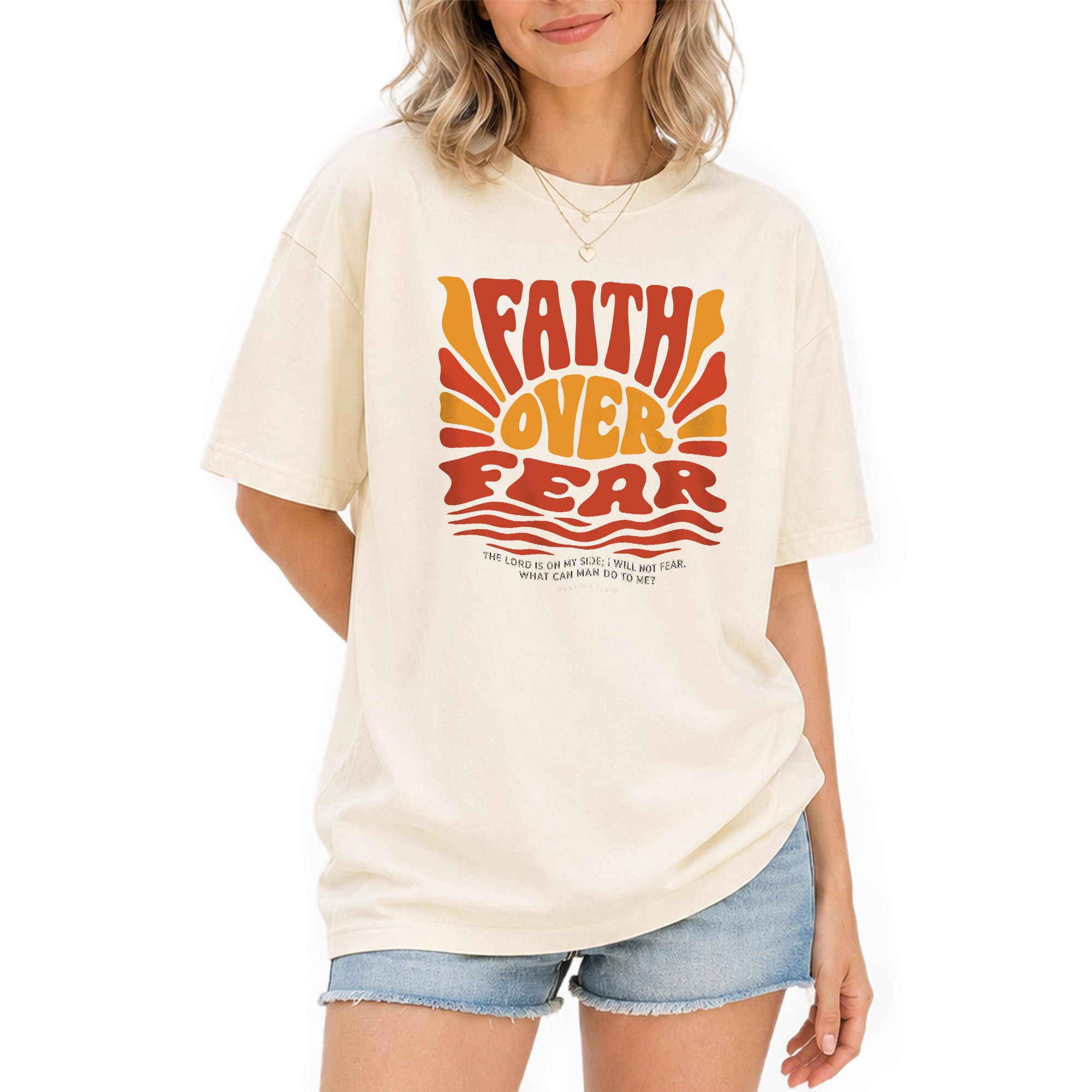 Faith Over Fear Christian Women Shirt Retro Wavy Font Graphic T-Shirt Psalms 118:6 - Rust Field Wear