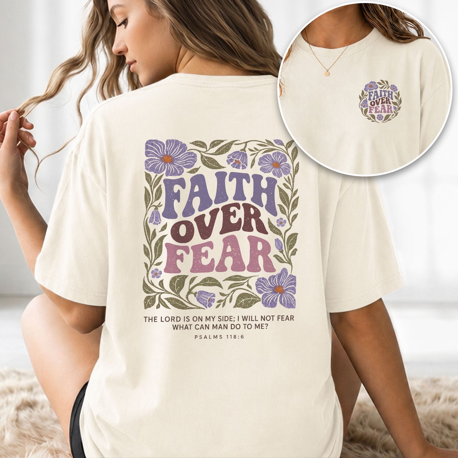 Faith Over Fear Christian Women Shirt Purple Floral Bible Verse T-Shirt Psalms 118:6 - Rust Field Wear