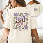 Jesus Loves You Retro Purple Floral 1 John 4 19 Christian T Shirt Apparel Women Top - Rust Field Wear