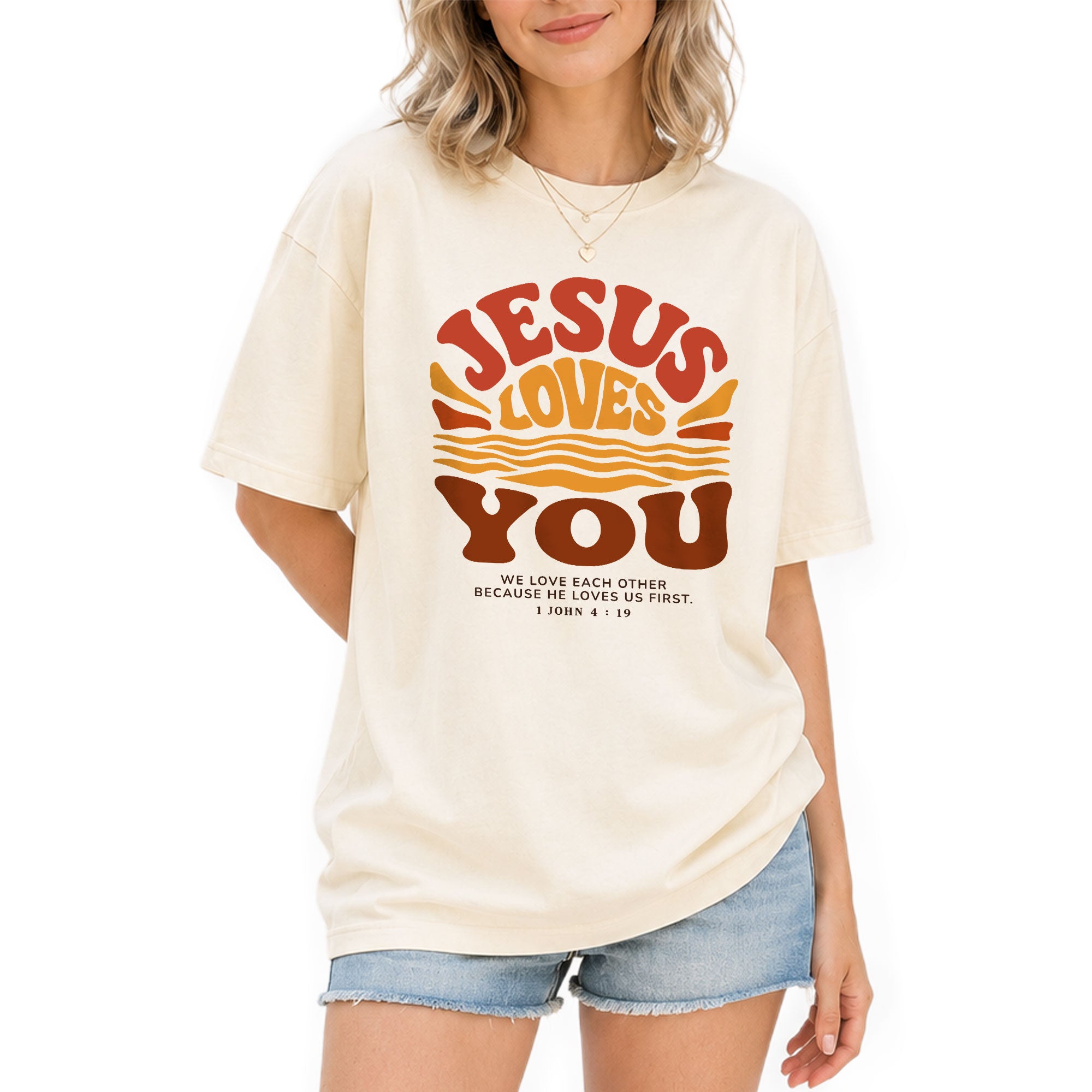 Jesus Loves You Shirt Sunset Wavy 70s Christian Bible Verse 1 John 4 19 Graphic Tee - Rust Field Wear