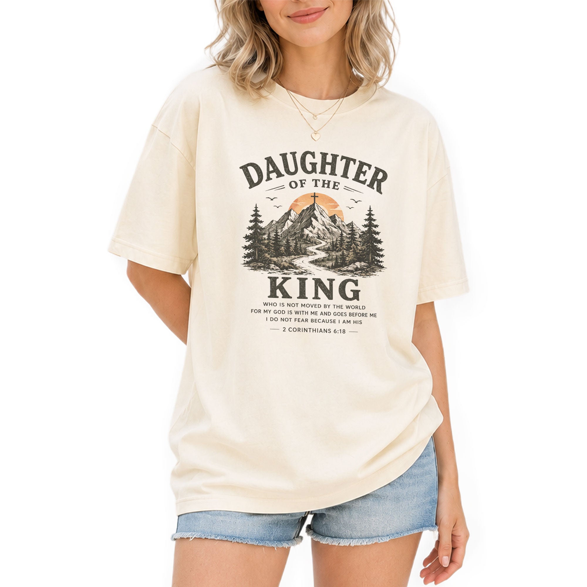 Daughter Of The King Mountain Cross 2 Corinthians 6 18 Graphic Christian T Shirt Women - Rust Field Wear