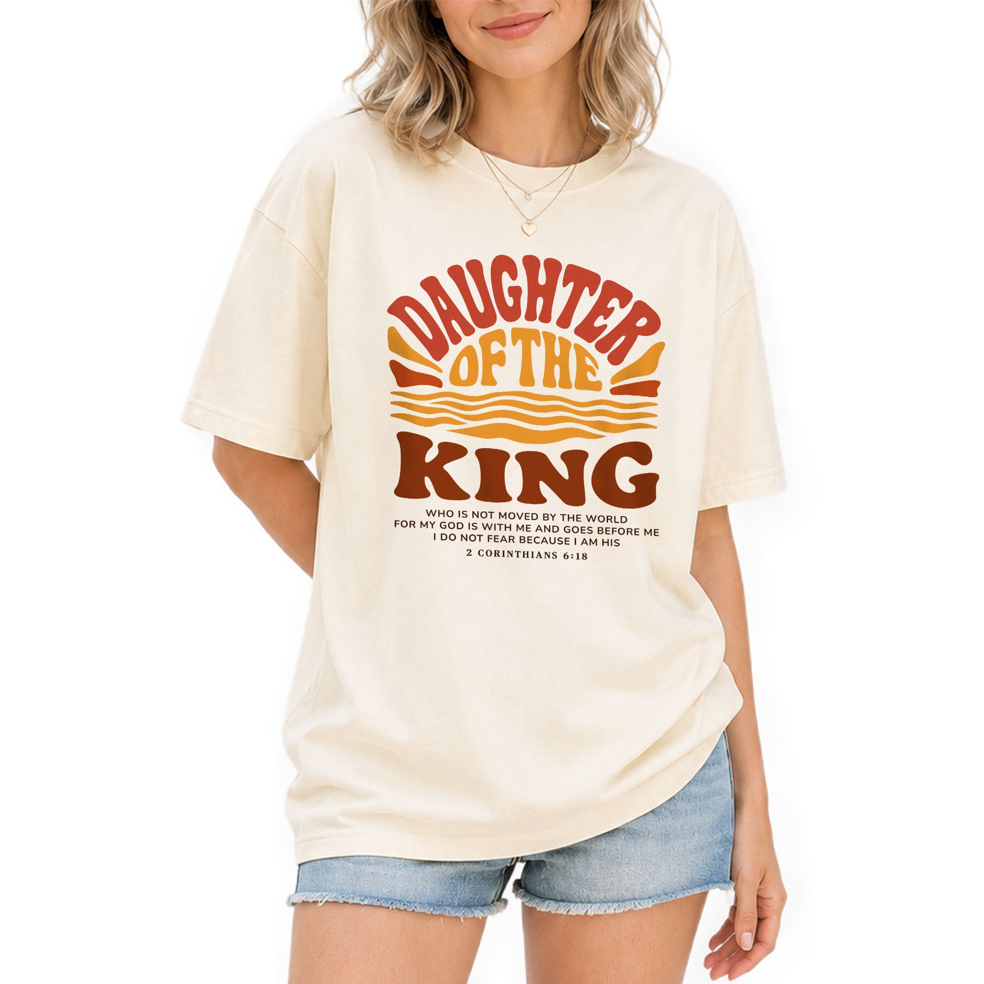 Daughter Of The King Retro Sunset Waves 2 Corinthians 6 18 Christian T Shirt Women - Rust Field Wear