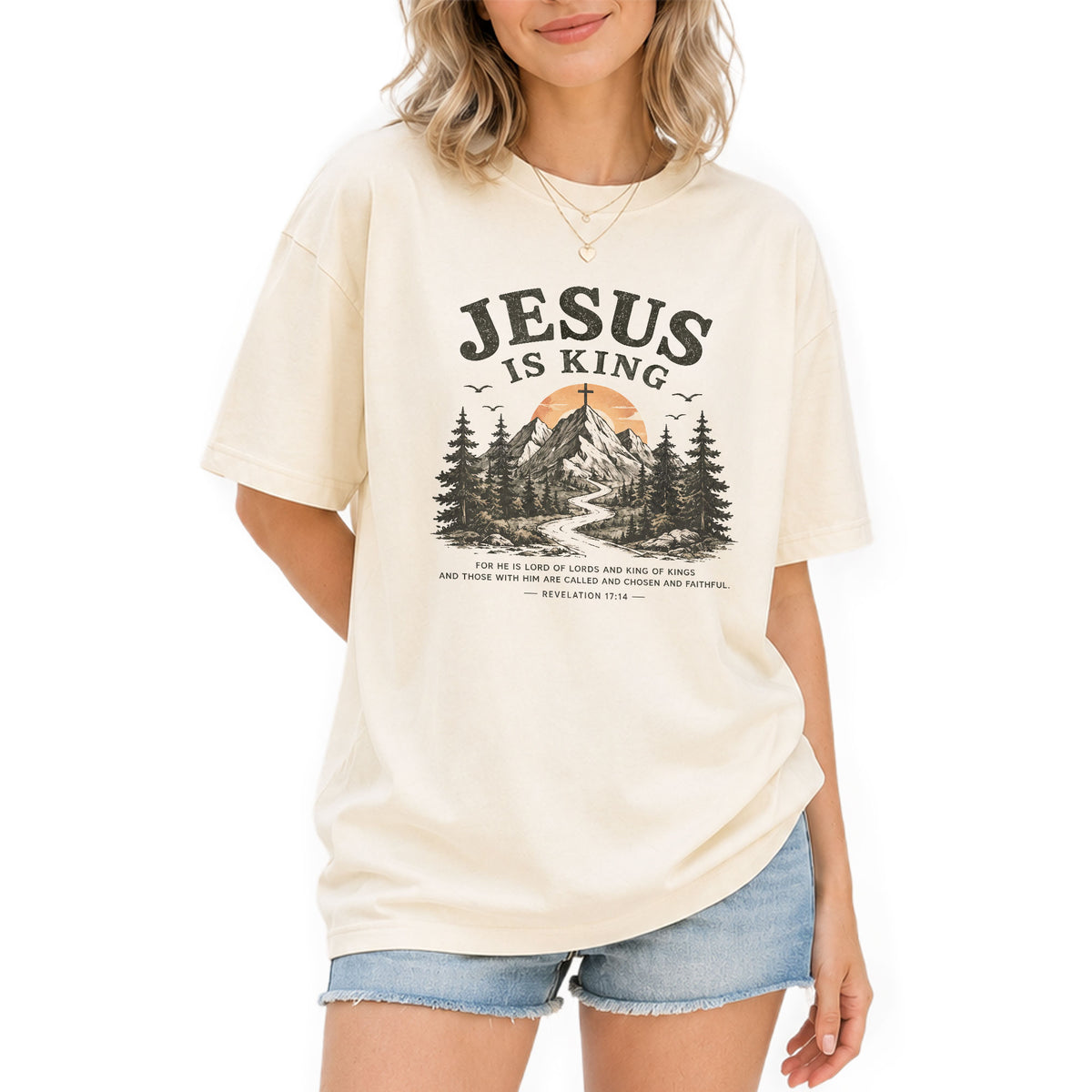 Jesus Is King Mountain Cross Trees Revelation 17 14 Graphic Christian T Shirt Women - Rust Field Wear