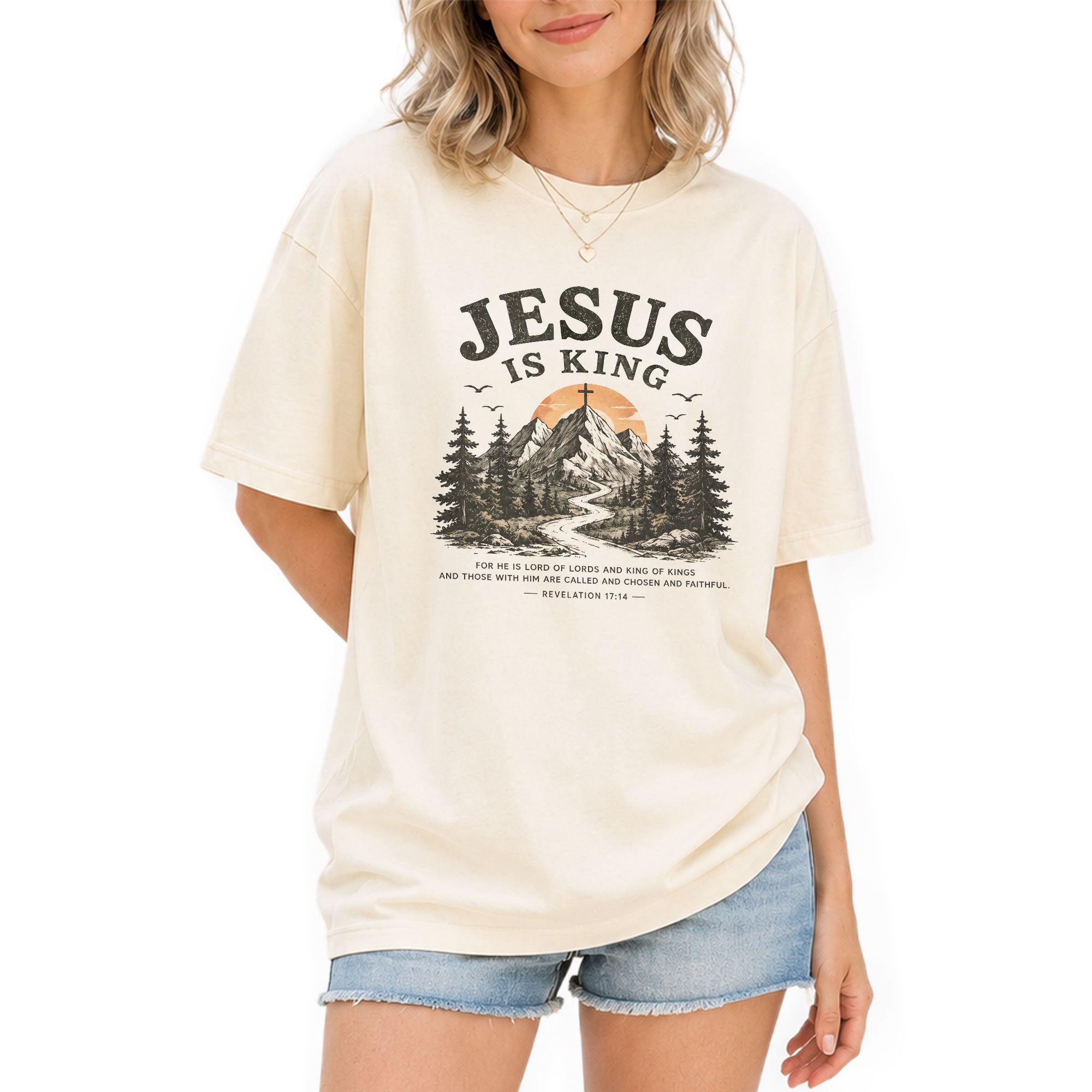 Jesus Is King Mountain Cross Trees Revelation 17 14 Graphic Christian T Shirt Women - Rust Field Wear