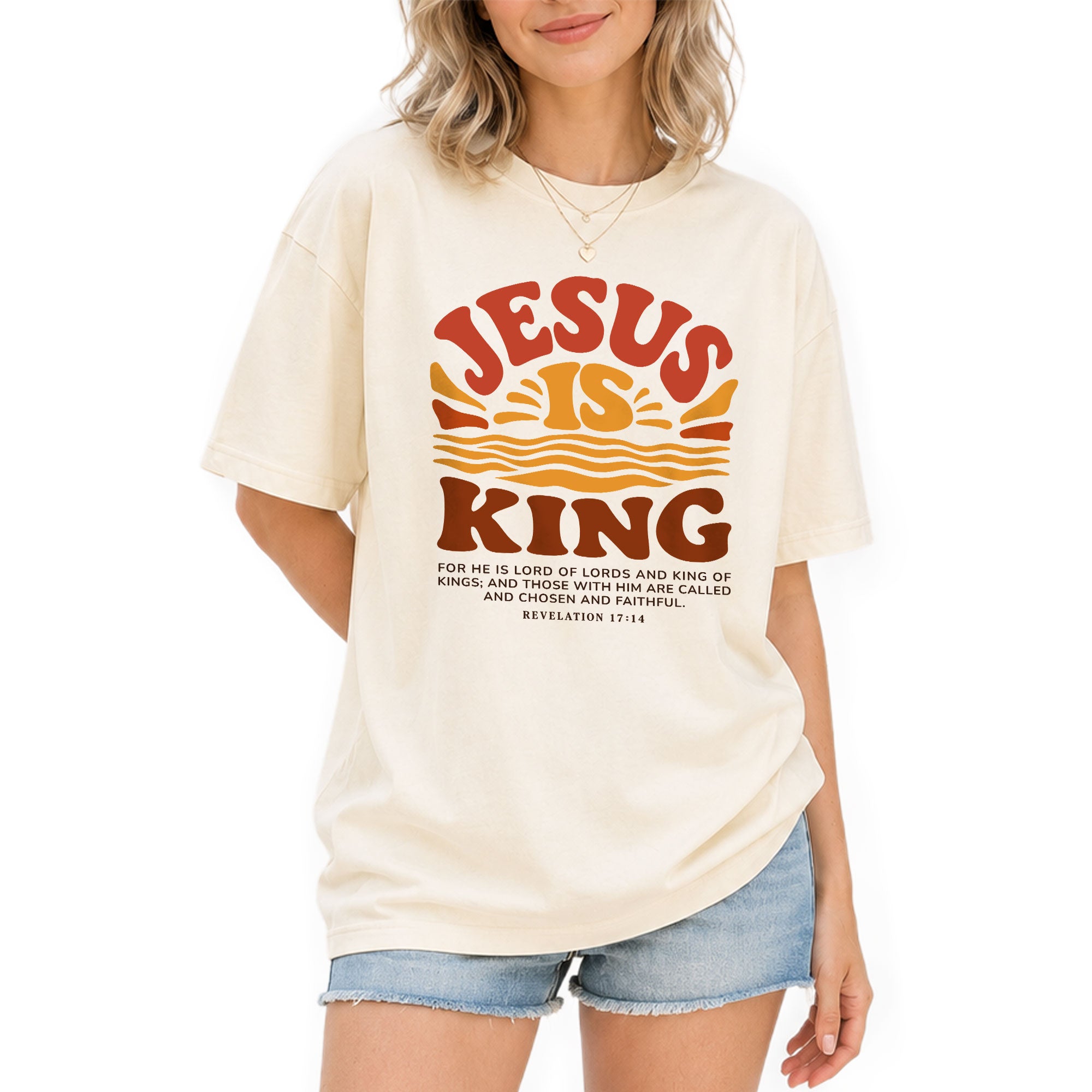 Jesus Is King Retro Sunset Waves Revelation 17 14 Graphic Christian T Shirt Women - Rust Field Wear