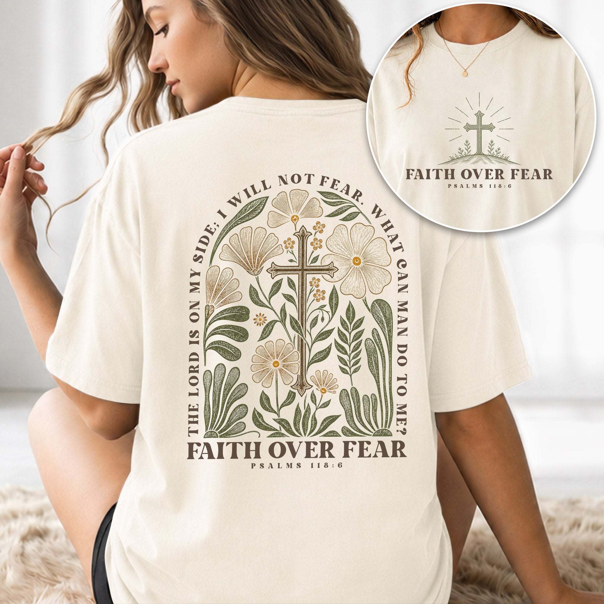 Faith Over Fear Shirt Christian Women Botanical Floral Cross Tee Psalm 118 Bible Verse - Rust Field Wear