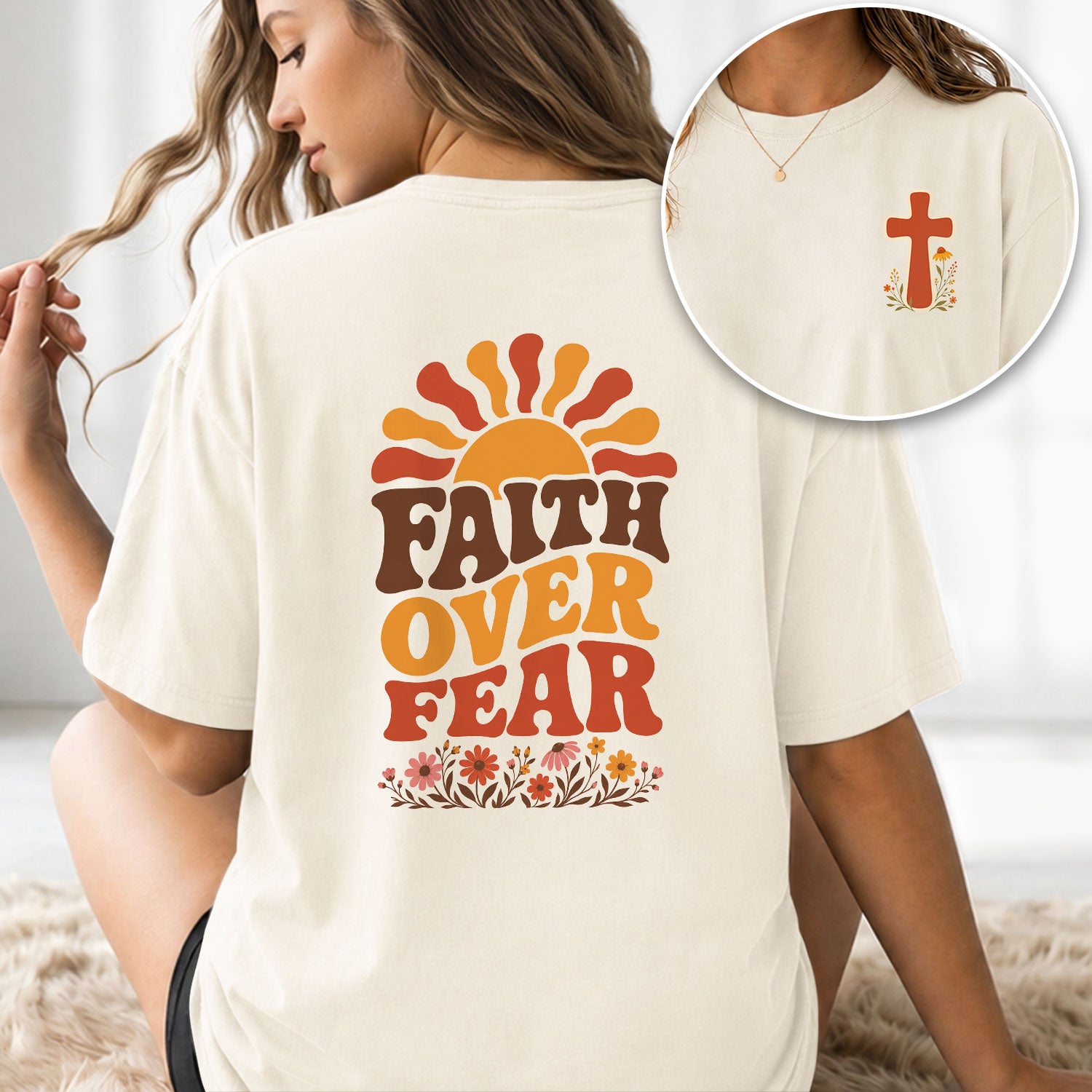 Faith Over Fear Retro Sun Floral Christian Graphic Casual Crewneck Tee Shirt Women - Rust Field Wear