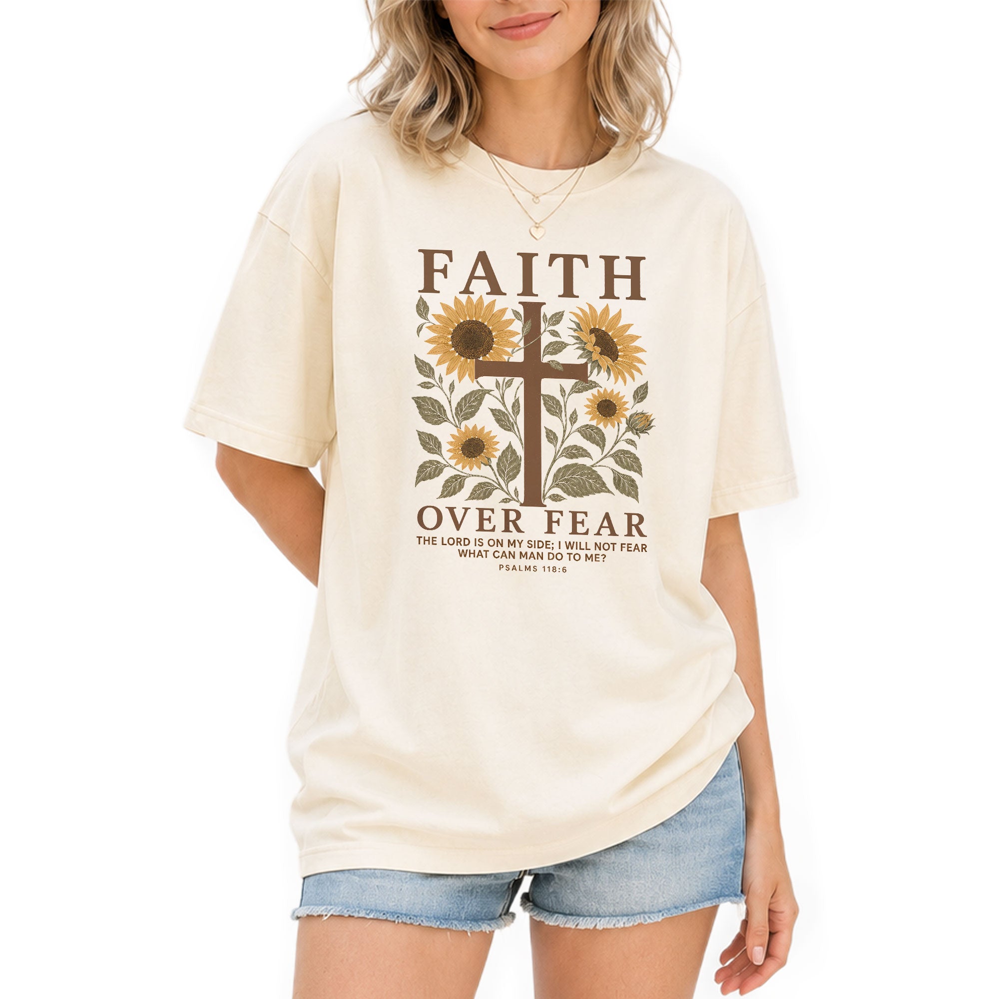 Faith Over Fear Shirt Christian Women Sunflower Cross Shirt Psalm 118 Bible Verse Floral Tee - Rust Field Wear