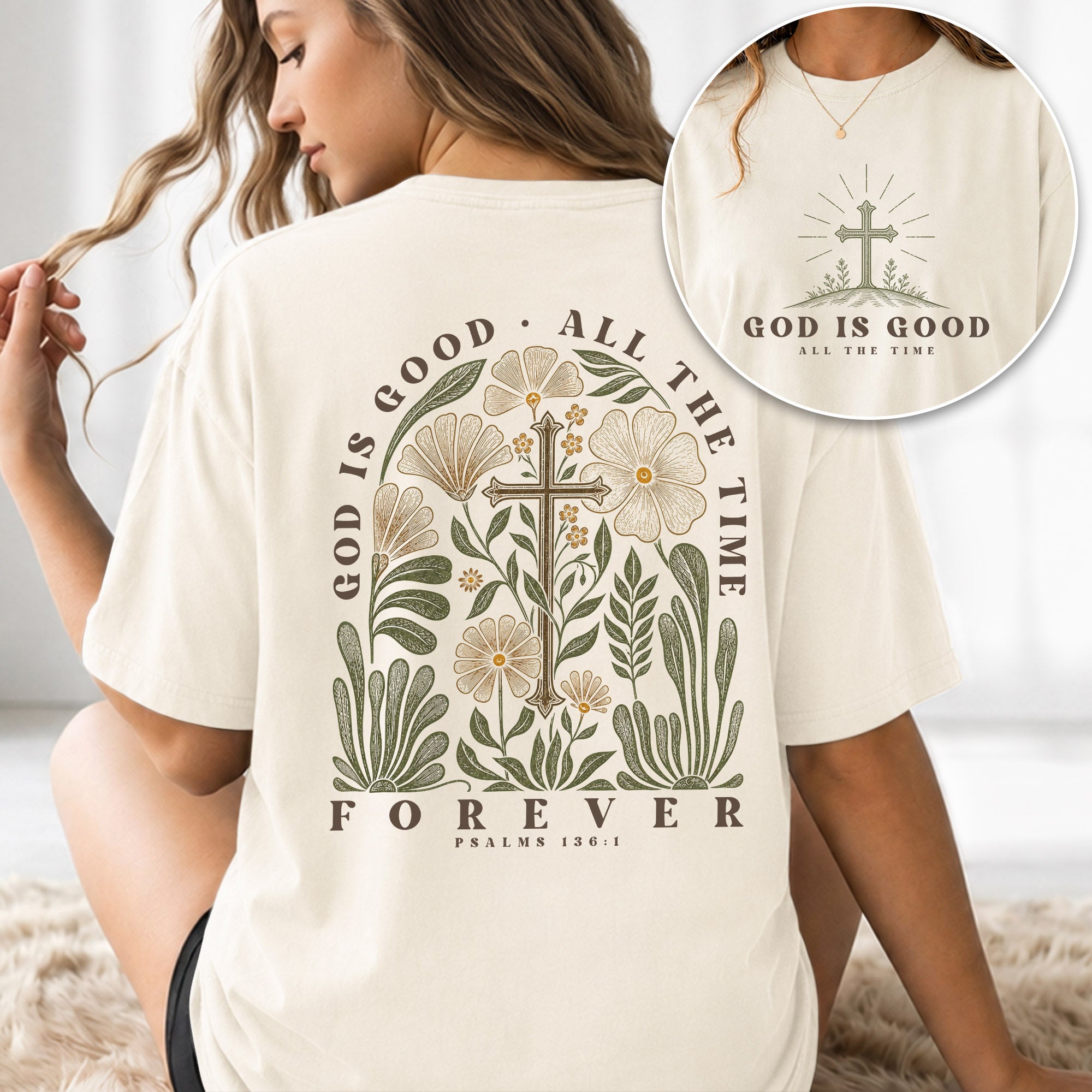 God Is Good Shirt Women Christian T-Shirt Floral Cross Faith Psalms Scripture Graphic Tee - Rust Field Wear