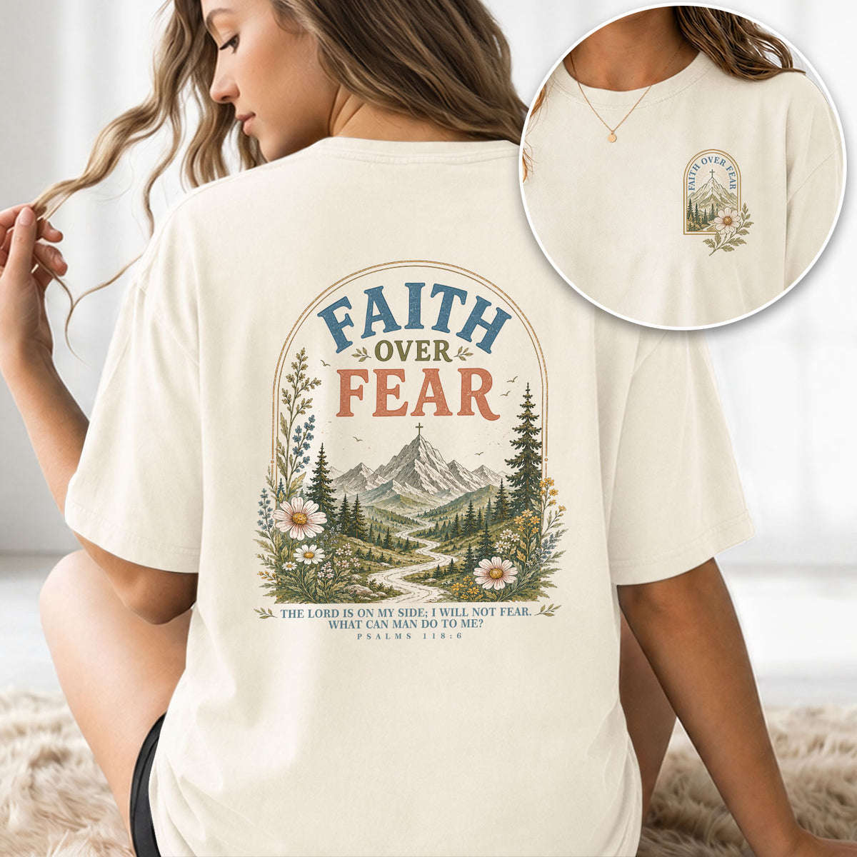 Inspirational Christian Faith Over Fear Mountain Aesthetic Women Graphic Tee Shirt - Rust Field Wear