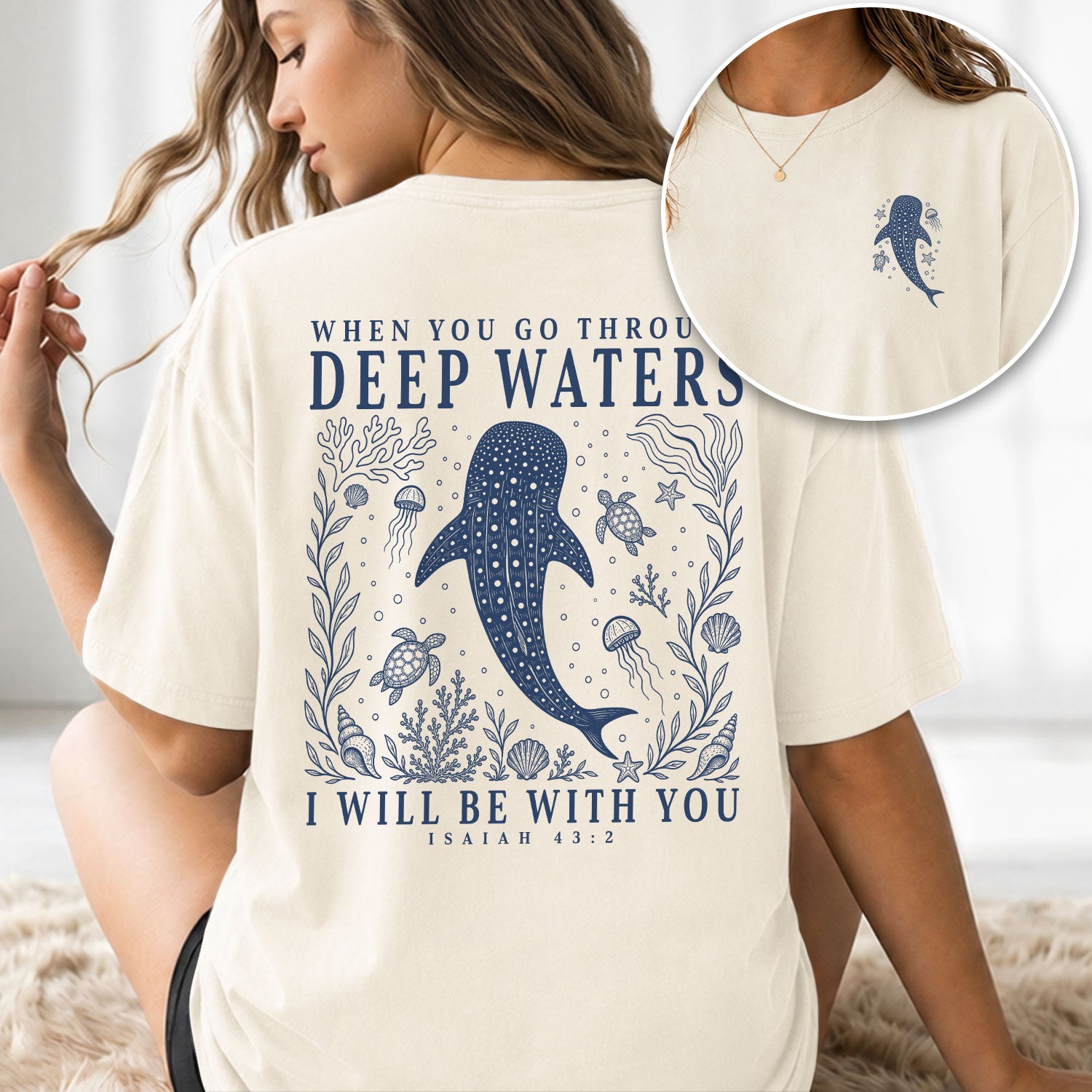 When You Go Through Deep Waters Whale Isaiah 43 2 Christian Graphic Tee Shirt Women - Rust Field Wear