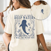 When You Go Through Deep Waters Whale Isaiah 43 2 Christian Graphic Tee Shirt Women - Rust Field Wear