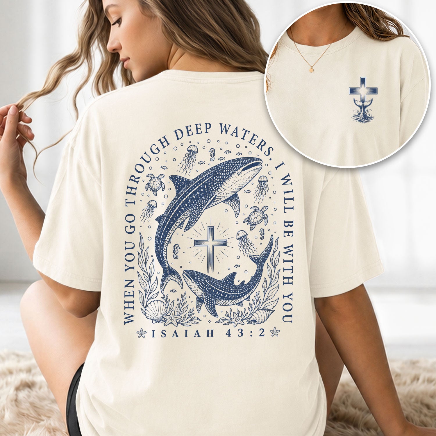 When You Go Through Deep Waters Whale Cross Christian Graphic Tee Shirt For Women - Rust Field Wear