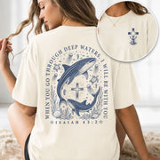 When You Go Through Deep Waters Whale Cross Christian Graphic Tee Shirt For Women - Rust Field Wear