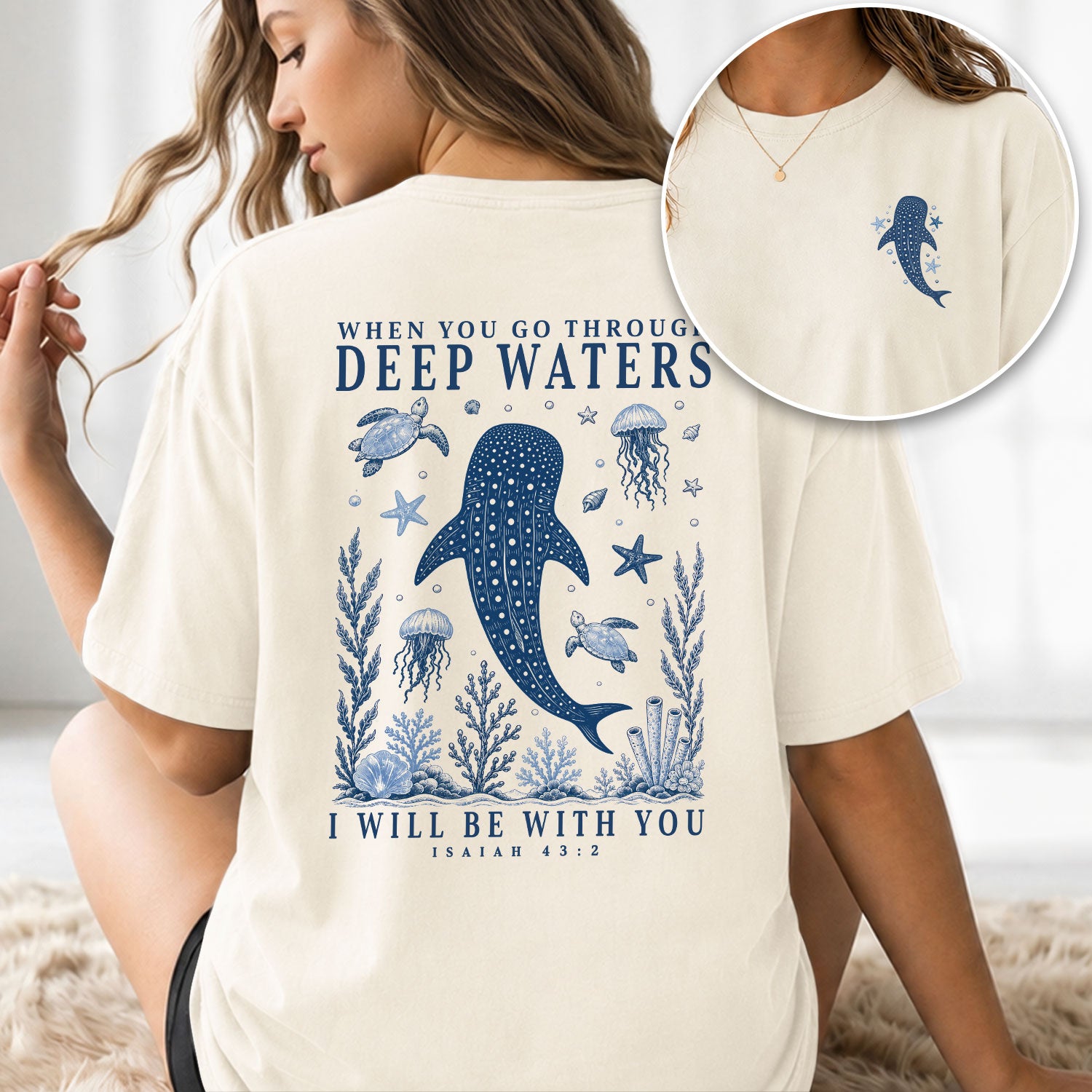 When You Go Through Deep Waters Whale Isaiah 43 2 Christian Graphic Tee Shirt For Women - Rust Field Wear