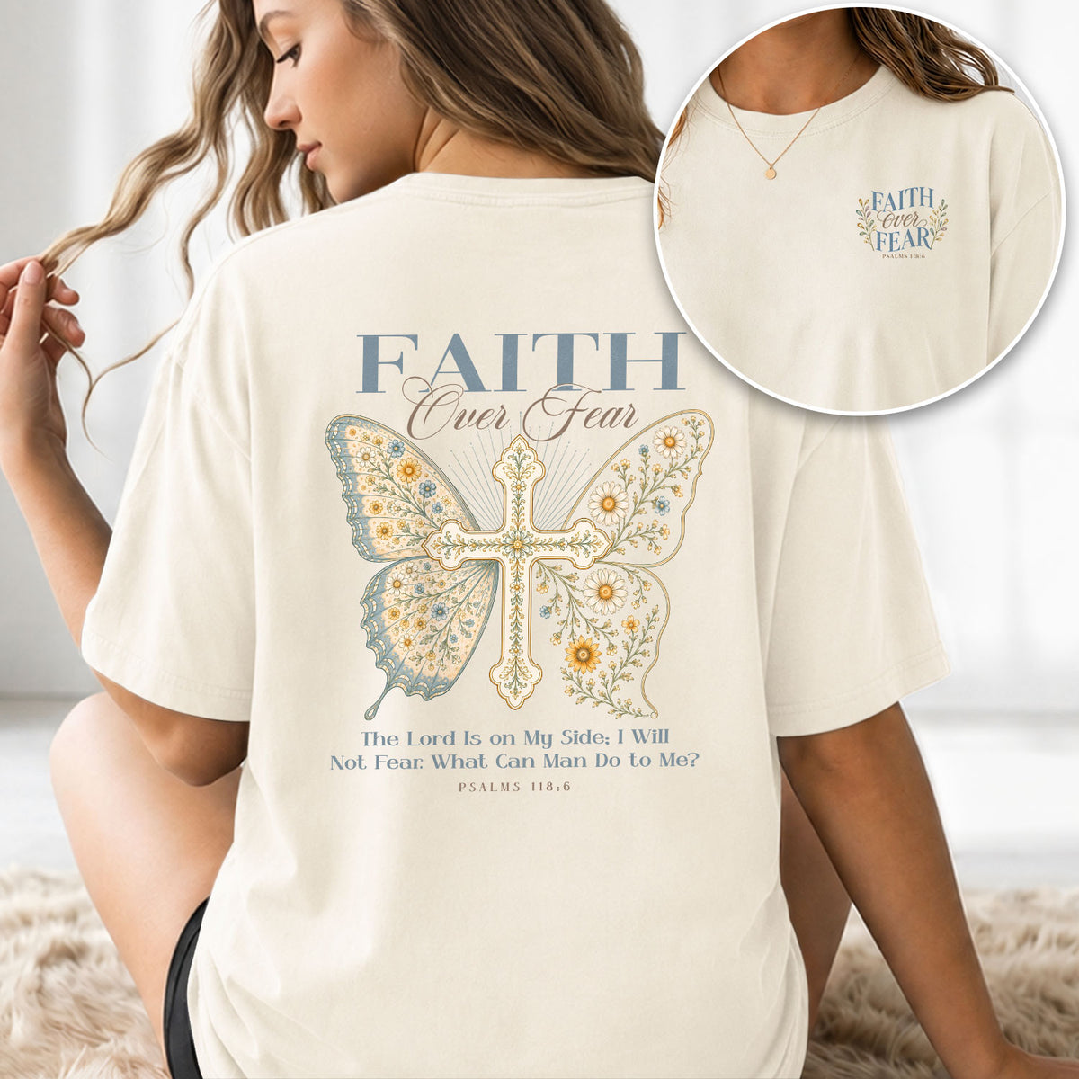 Devout Christian Faith Over Fear Butterfly Aesthetic Women Graphic Tee Vintage Cotton - Rust Field Wear