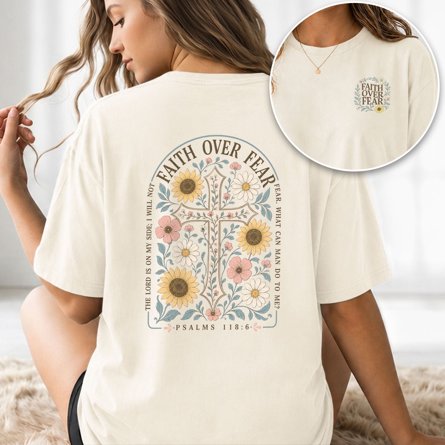 Christian T-Shirt Women Floral Cross Graphic Tee Faith Over Fear Bible Verse Tops Sunflower