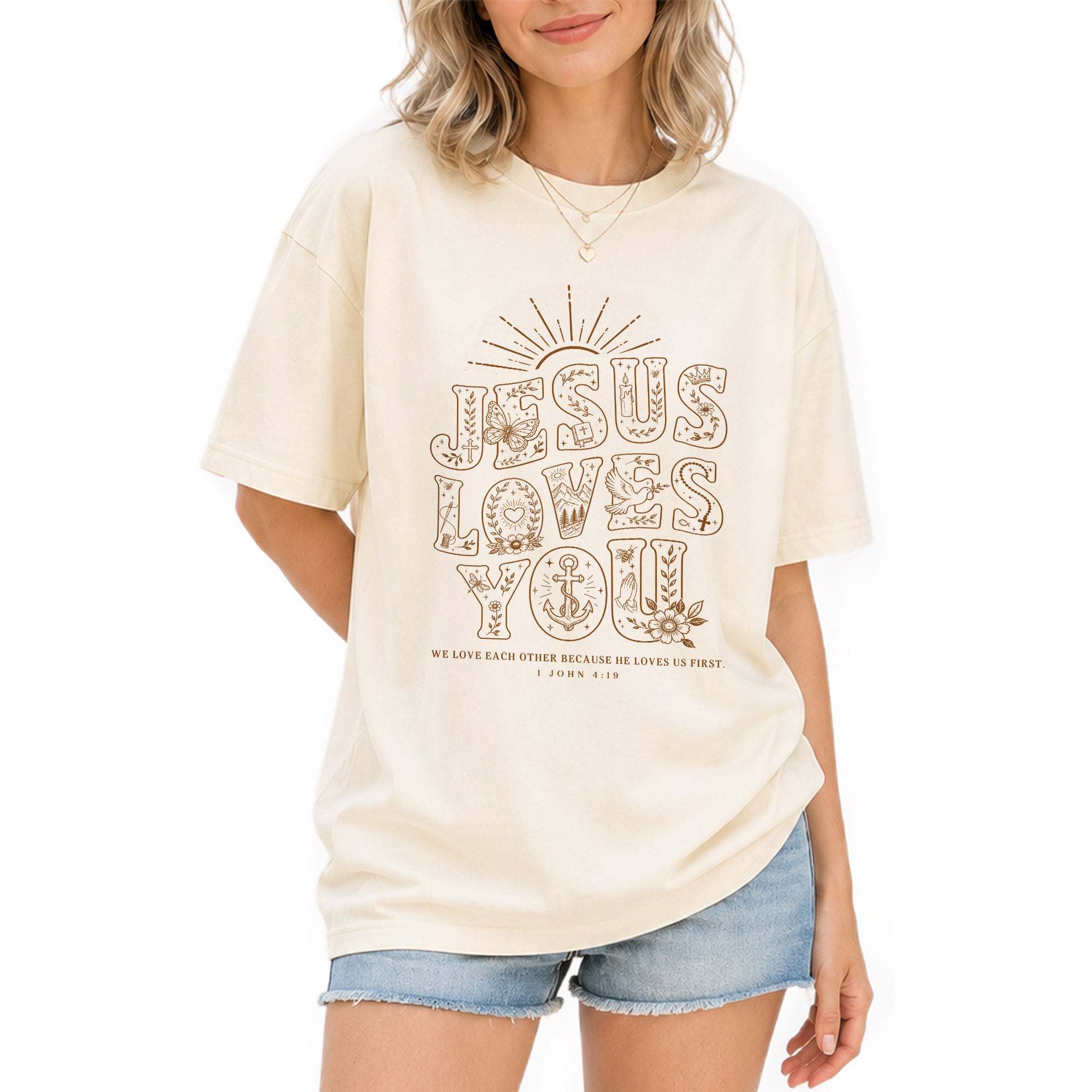 Jesus Loves You T-Shirt Christian Women Faith Shirt Aesthetic Doodle Line Art Graphic - Rust Field Wear