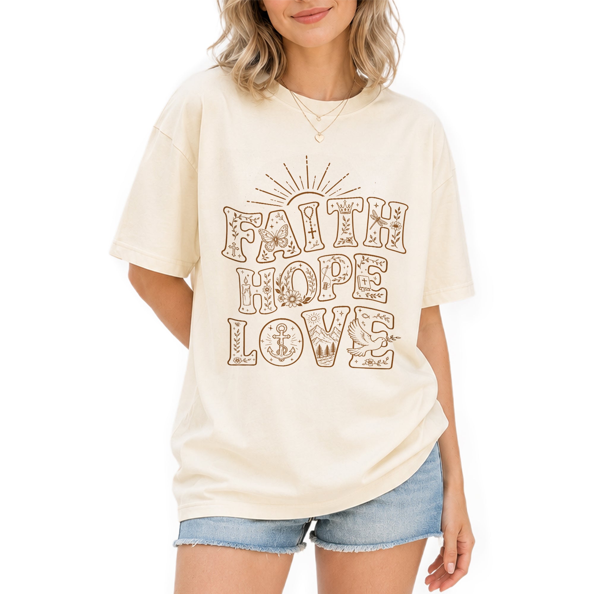 Faith Hope Love T-Shirt Christian Women Faith Shirt Aesthetic Doodle Line Art Graphic - Rust Field Wear