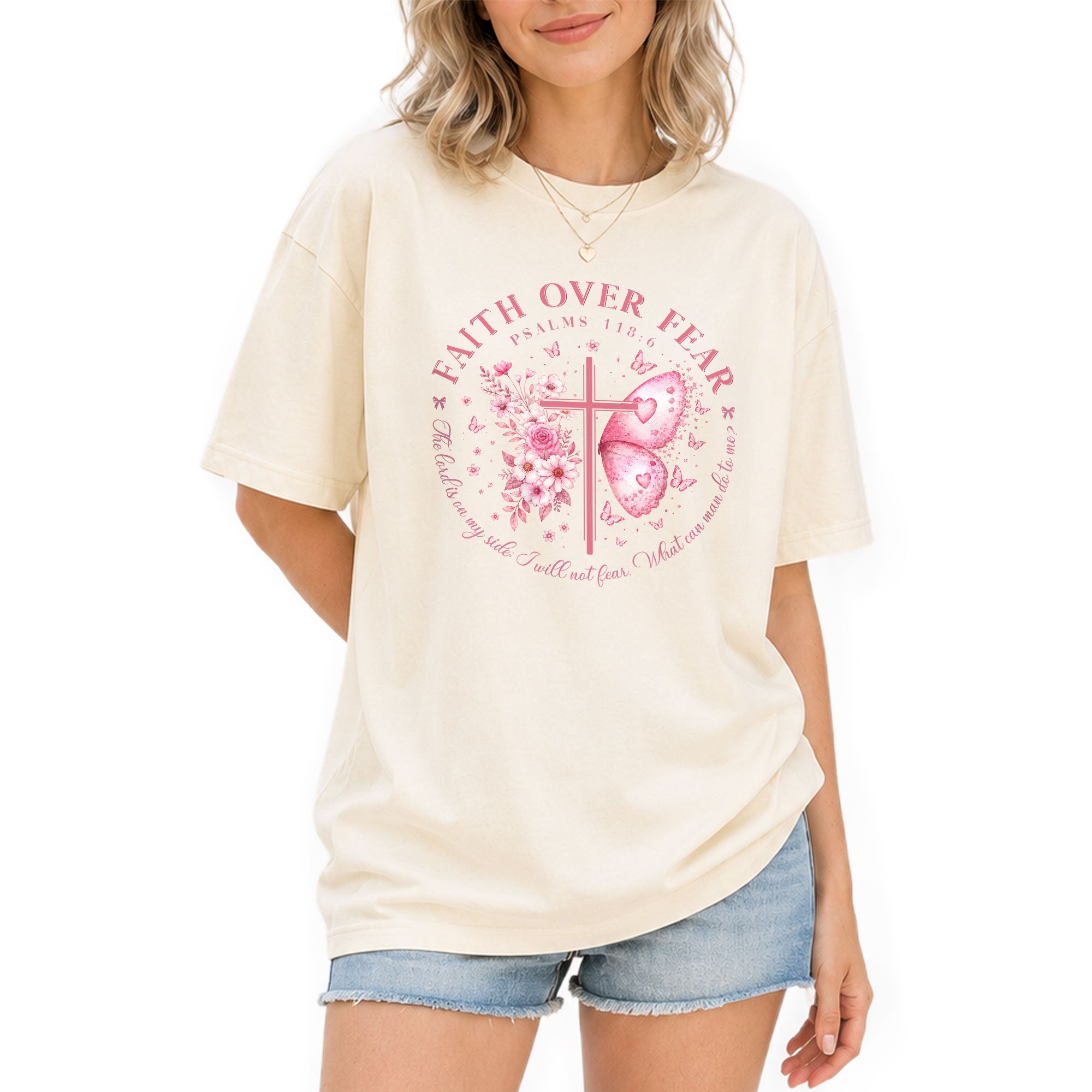 Faith Over Fear Psalms 118:6 Butterfly Cross Christian Graphic Tee For Women Apparel - Rust Field Wear