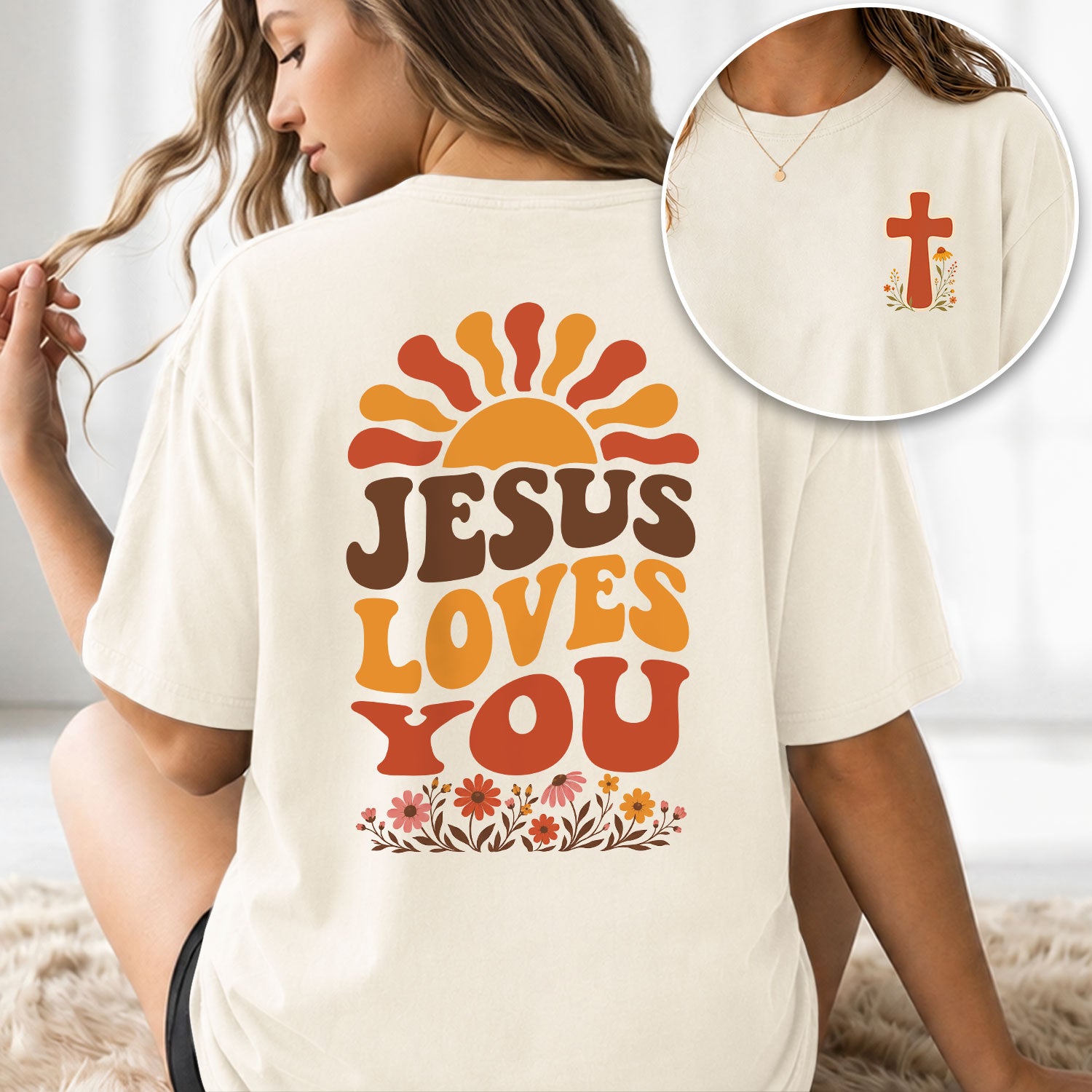 Jesus Loves You Retro Sun Floral Christian Graphic Tee Shirt For Women Everyday Wear - Rust Field Wear