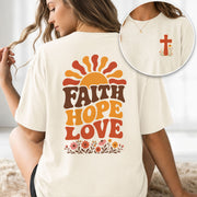 Faith Hope Love Retro Sun Floral Christian Graphic Tee Shirt For Women Everyday Wear - Rust Field Wear