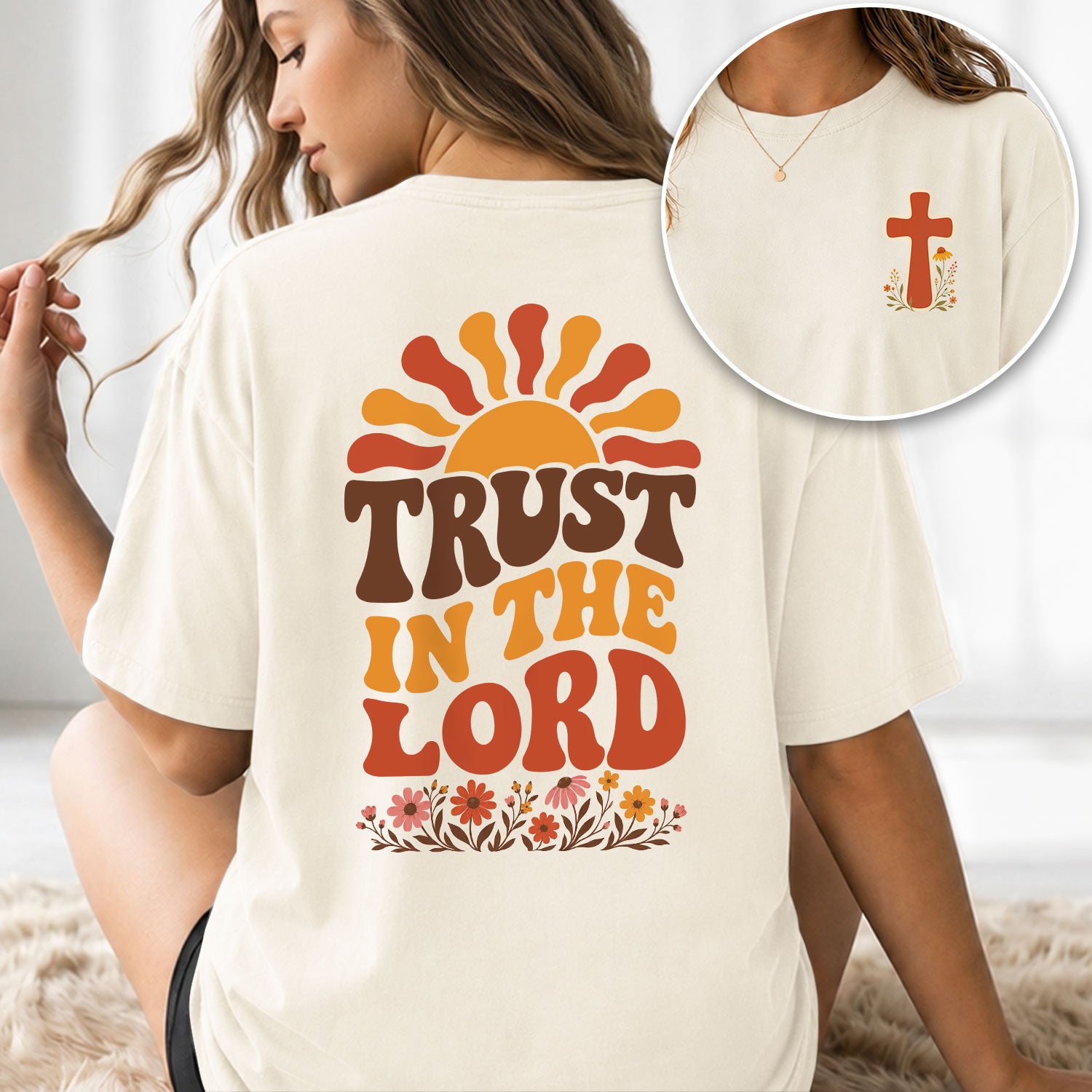 Trust In The Lord Retro Sun Floral Christian Graphic Tee Shirt For Women Apparel - Rust Field Wear