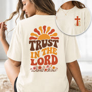 Trust In The Lord Retro Sun Floral Christian Graphic Tee Shirt For Women Apparel - Rust Field Wear