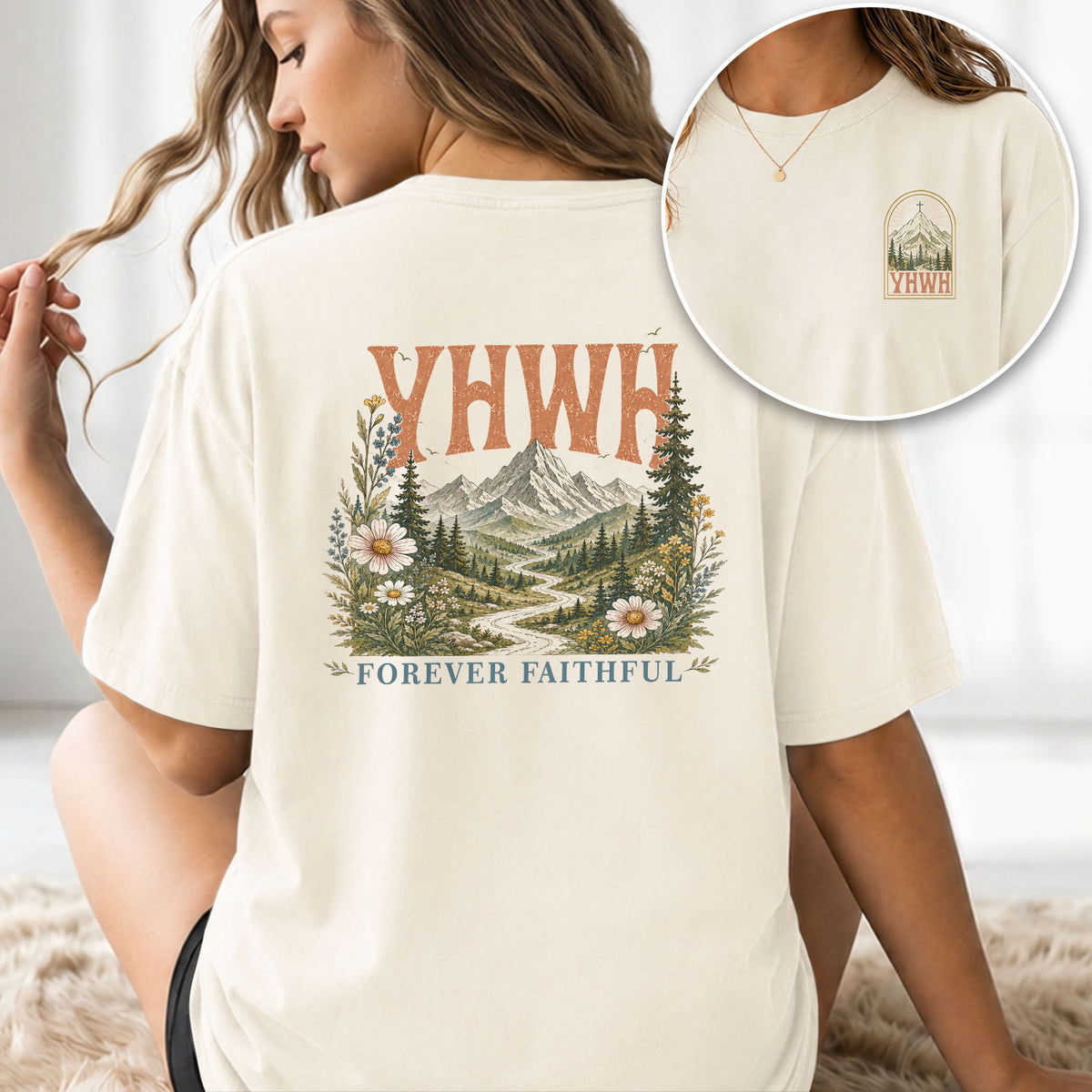 Spiritual Christian YHWH Mountain Nature Aesthetic Women Graphic Tee Shirt Vintage - Rust Field Wear