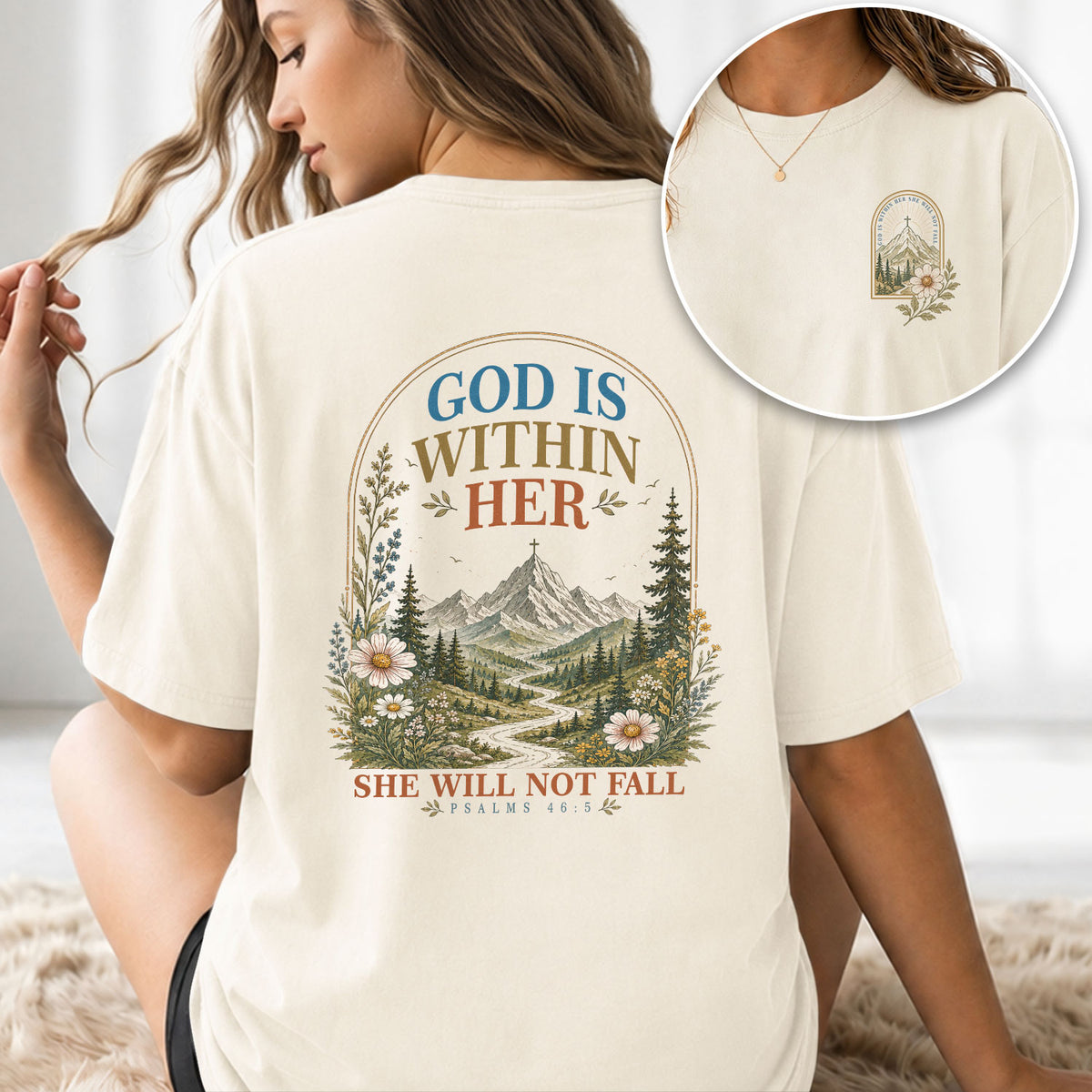 Inspirational Christian Mountain Floral Aesthetic Women Graphic Tee Shirt Retro Cotton - Rust Field Wear