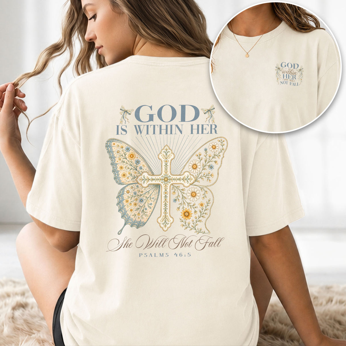 Inspirational Christian Butterfly Cross Aesthetic Women Graphic Tee Shirt Retro Cotton - Rust Field Wear
