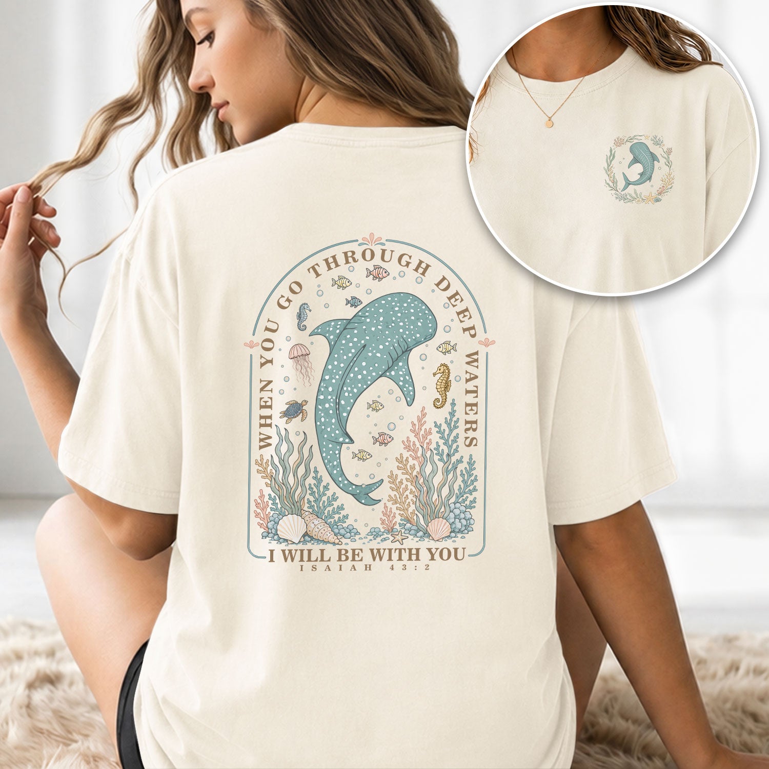 When You Go Through Deep Waters T-Shirt Women Coastal Whale Shark Isaiah 43 2 Christian