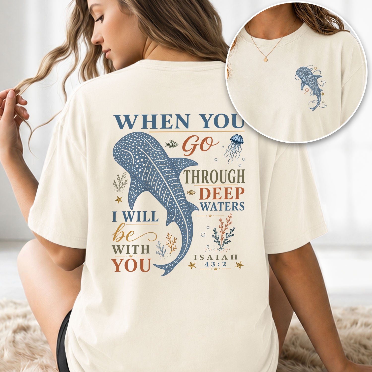 Deep Waters T-Shirt Women Colorful Typography Whale Shark Graphic Tee Isaiah 43 2 Faith