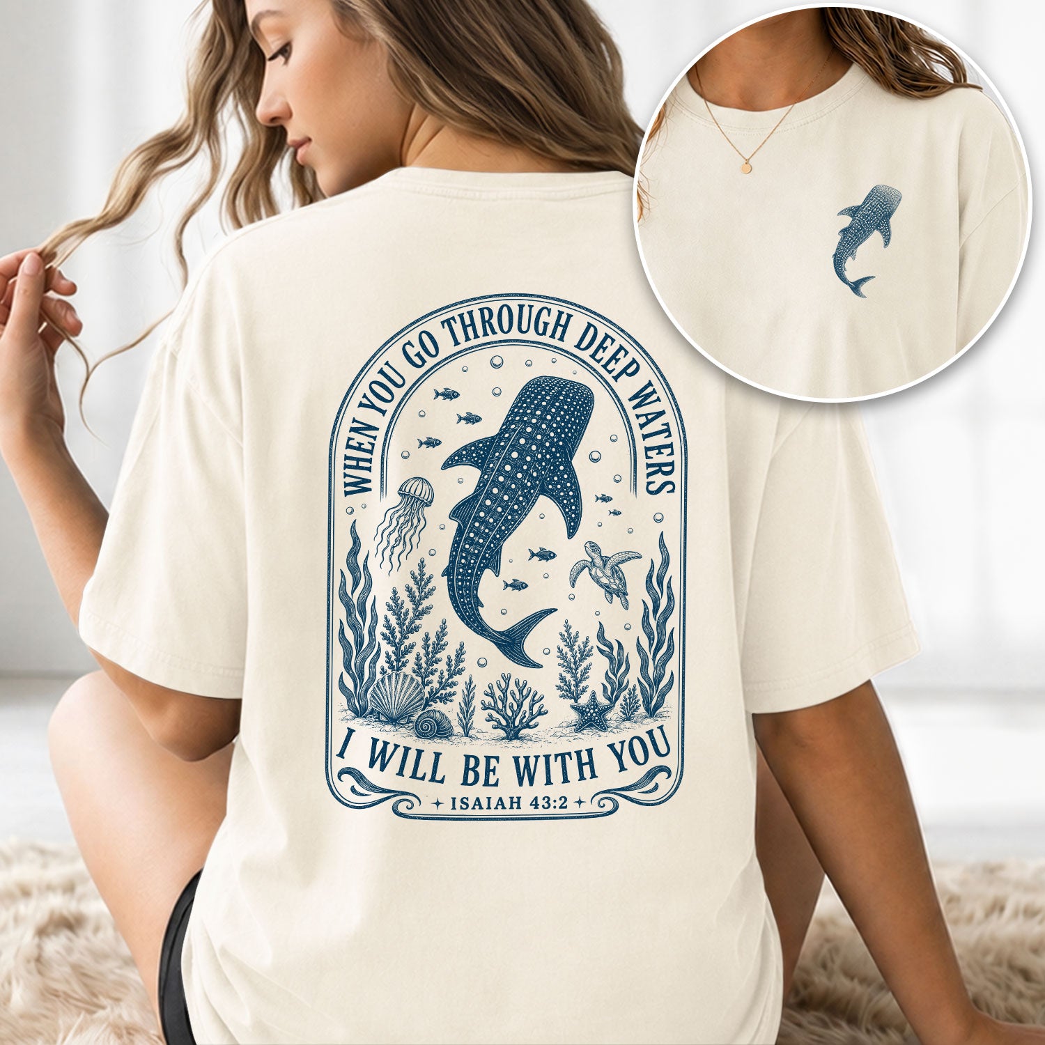 When You Go Through Deep Waters T-Shirt Isaiah 43 2 Whale Shark Christian Bible Verse