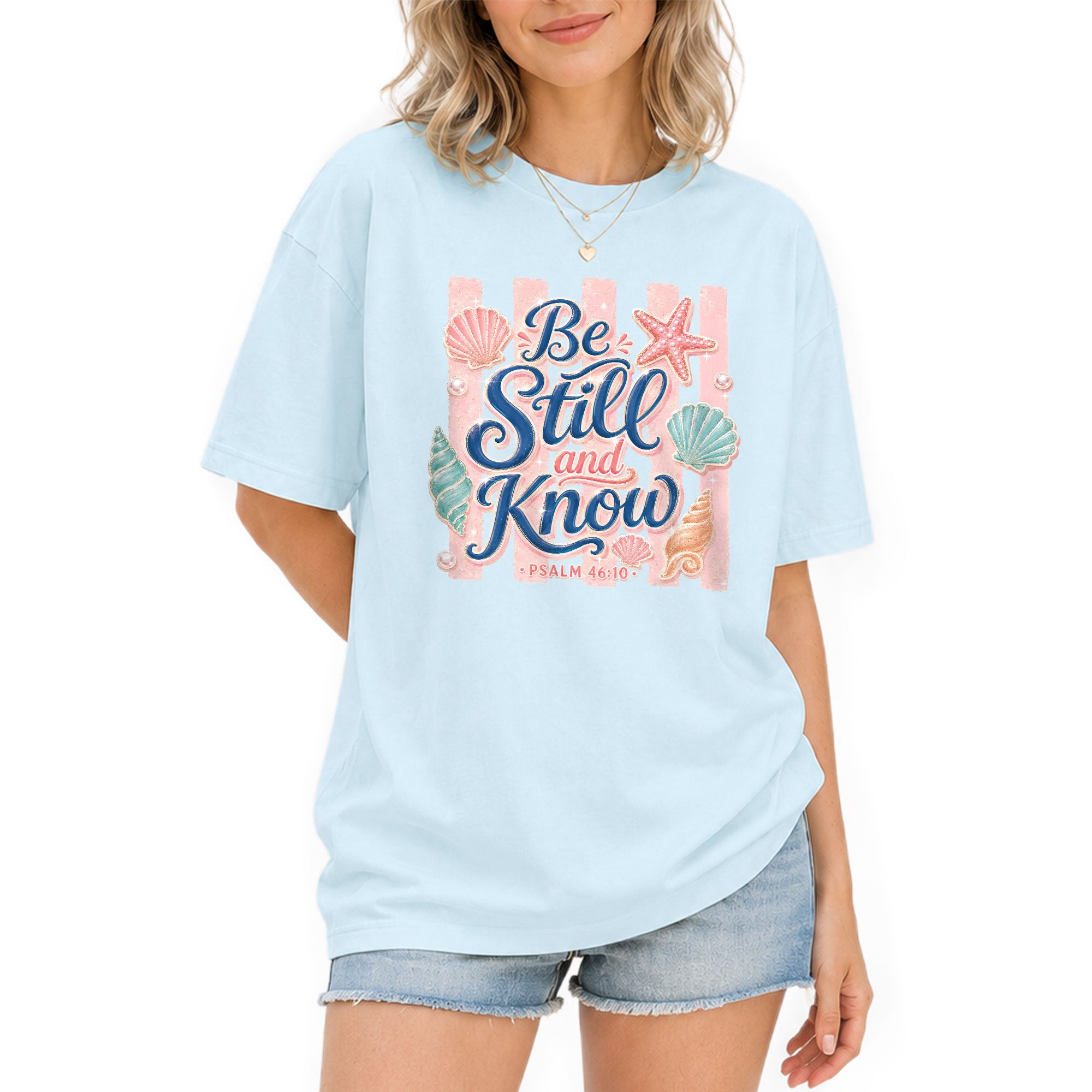 Be Still And Know Shirt Pink Stripes Beach Christian Psalm 46 10 Faith Graphic Tee - Rust Field Wear