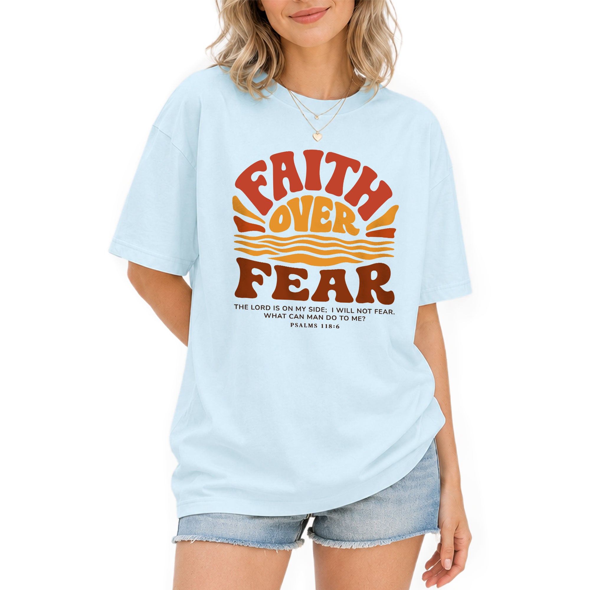Faith Over Fear Christian Women Shirt Retro Sunset Graphic Inspirational Scripture Tee - Rust Field Wear