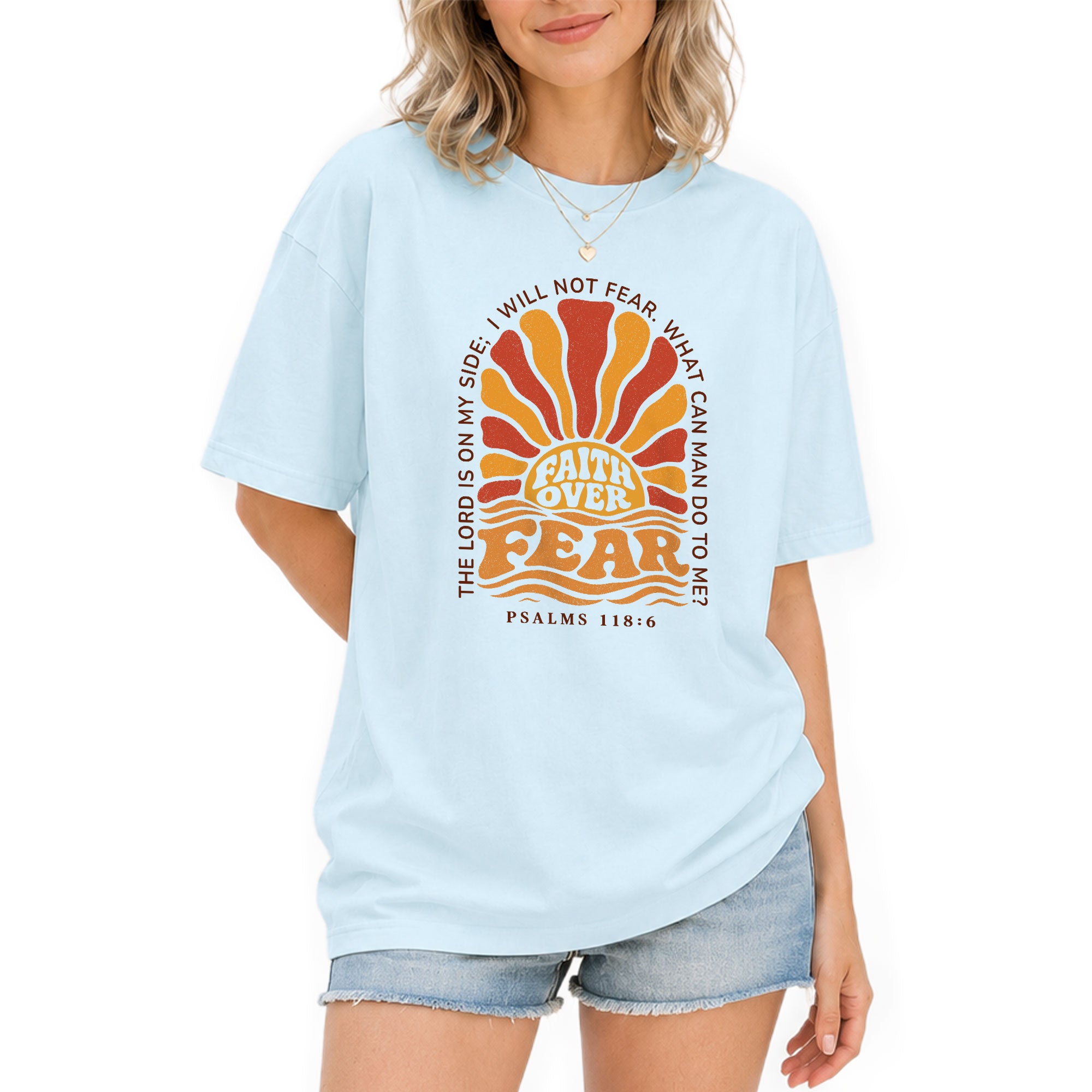 Faith Over Fear Christian Shirt Retro Sunburst Bible Verse Women T-Shirt Tee Gift - Rust Field Wear