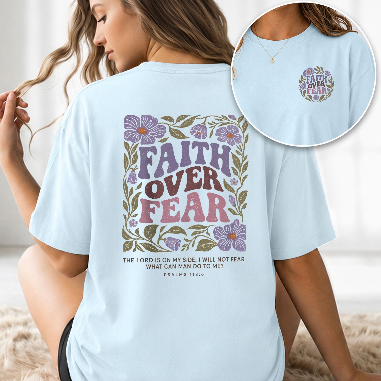 Faith Over Fear Christian Women Shirt Purple Floral Bible Verse T-Shirt Psalms 118:6 - Rust Field Wear