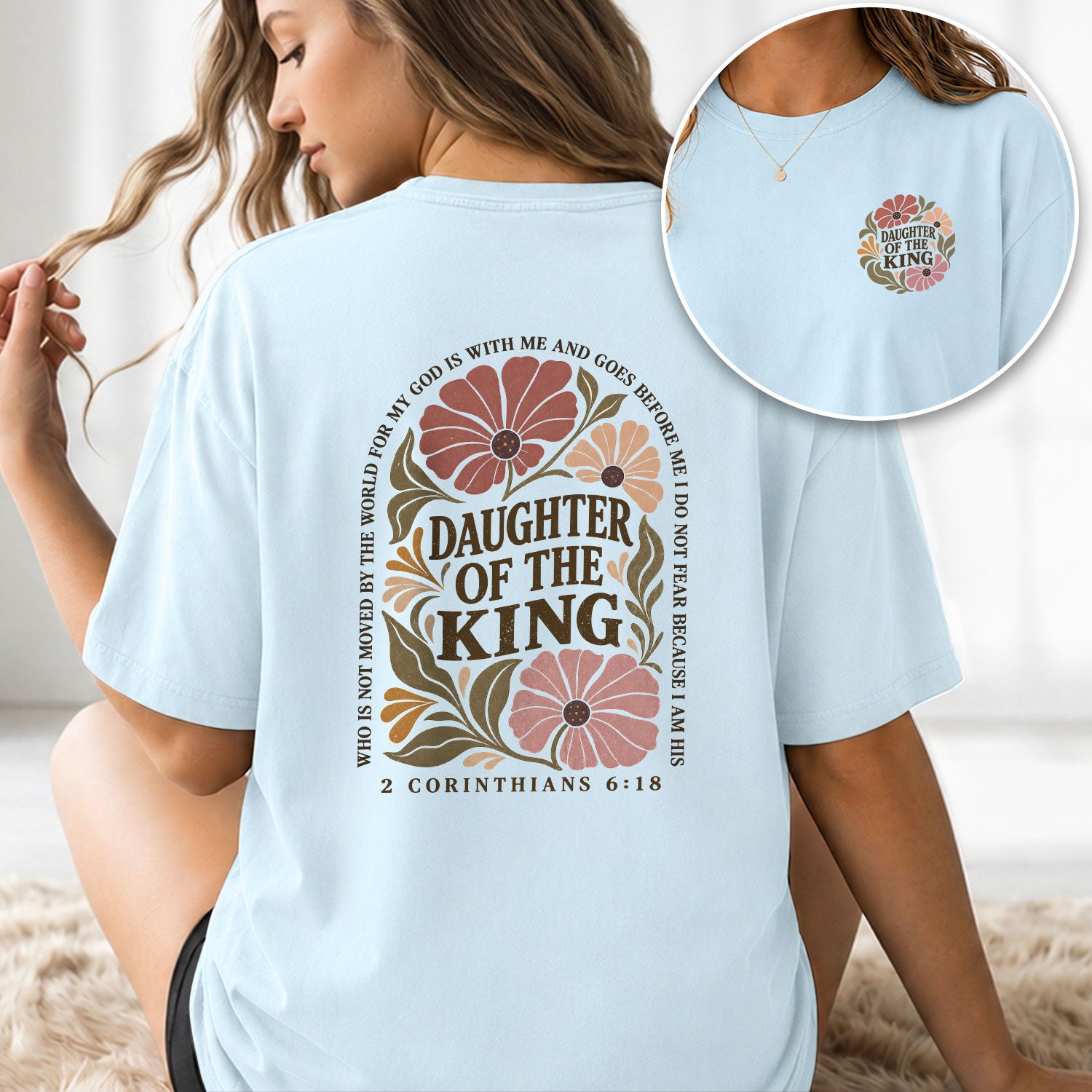 Daughter Of The King T-Shirt Christian Retro Floral Bible Verse Women Graphic Tee - Rust Field Wear