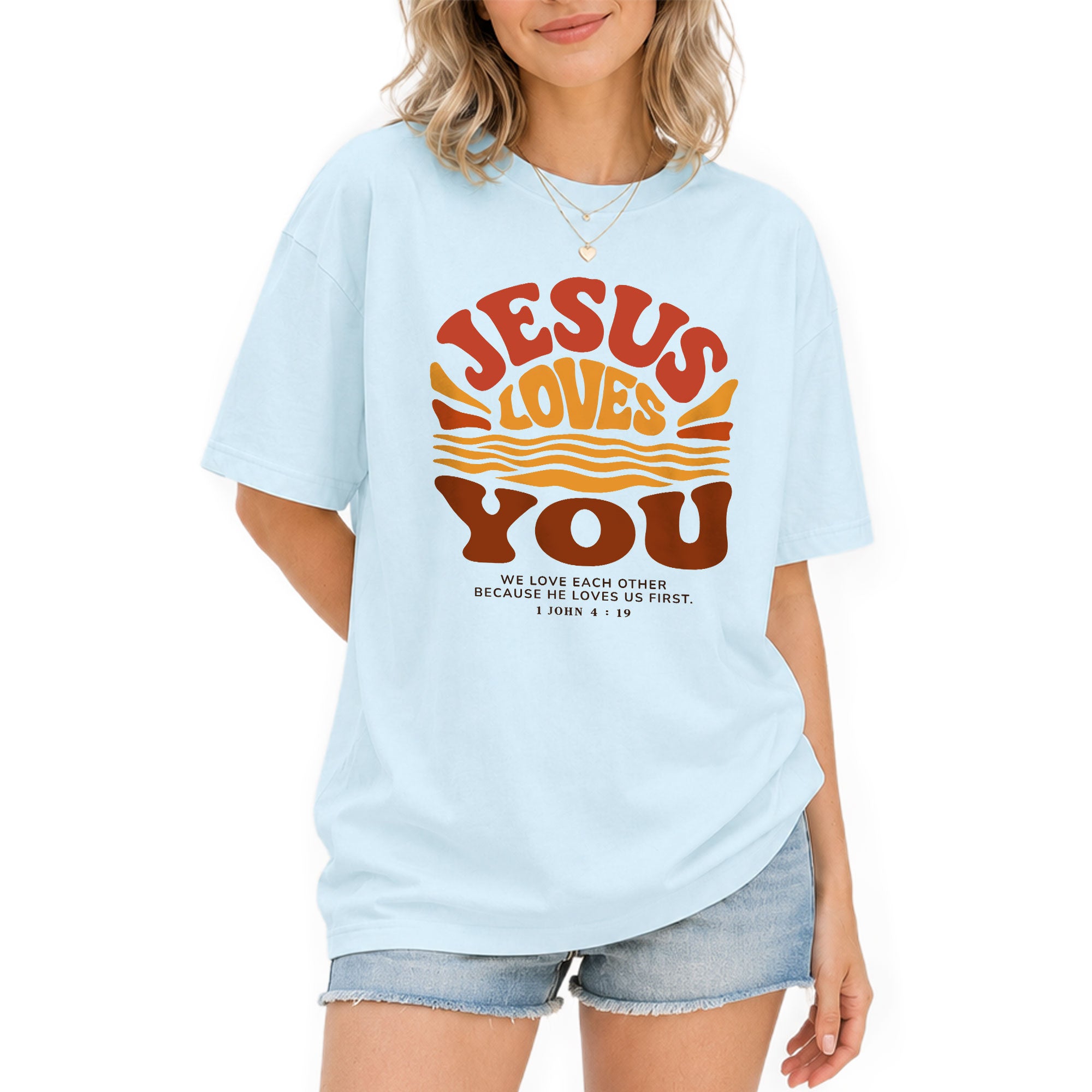 Jesus Loves You Shirt Sunset Wavy 70s Christian Bible Verse 1 John 4 19 Graphic Tee - Rust Field Wear