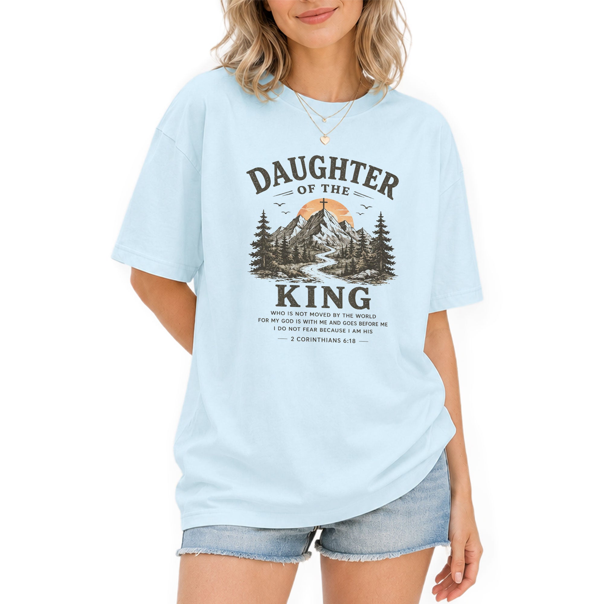 Daughter Of The King Mountain Cross 2 Corinthians 6 18 Graphic Christian T Shirt Women - Rust Field Wear