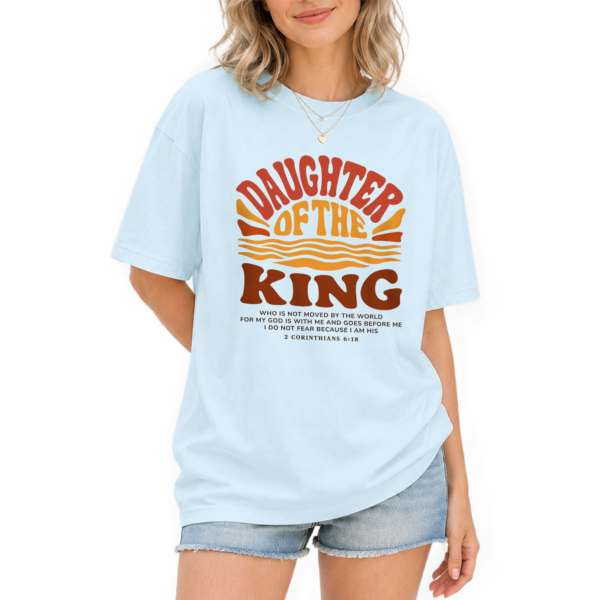 Daughter Of The King Retro Sunset Waves 2 Corinthians 6 18 Christian T Shirt Women - Rust Field Wear