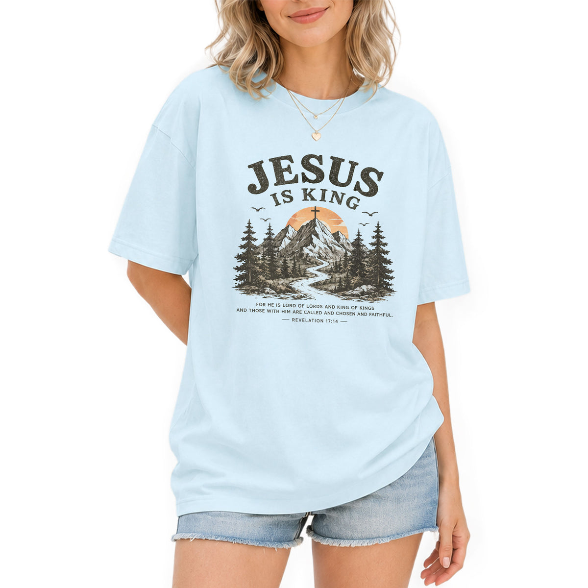 Jesus Is King Mountain Cross Trees Revelation 17 14 Graphic Christian T Shirt Women - Rust Field Wear