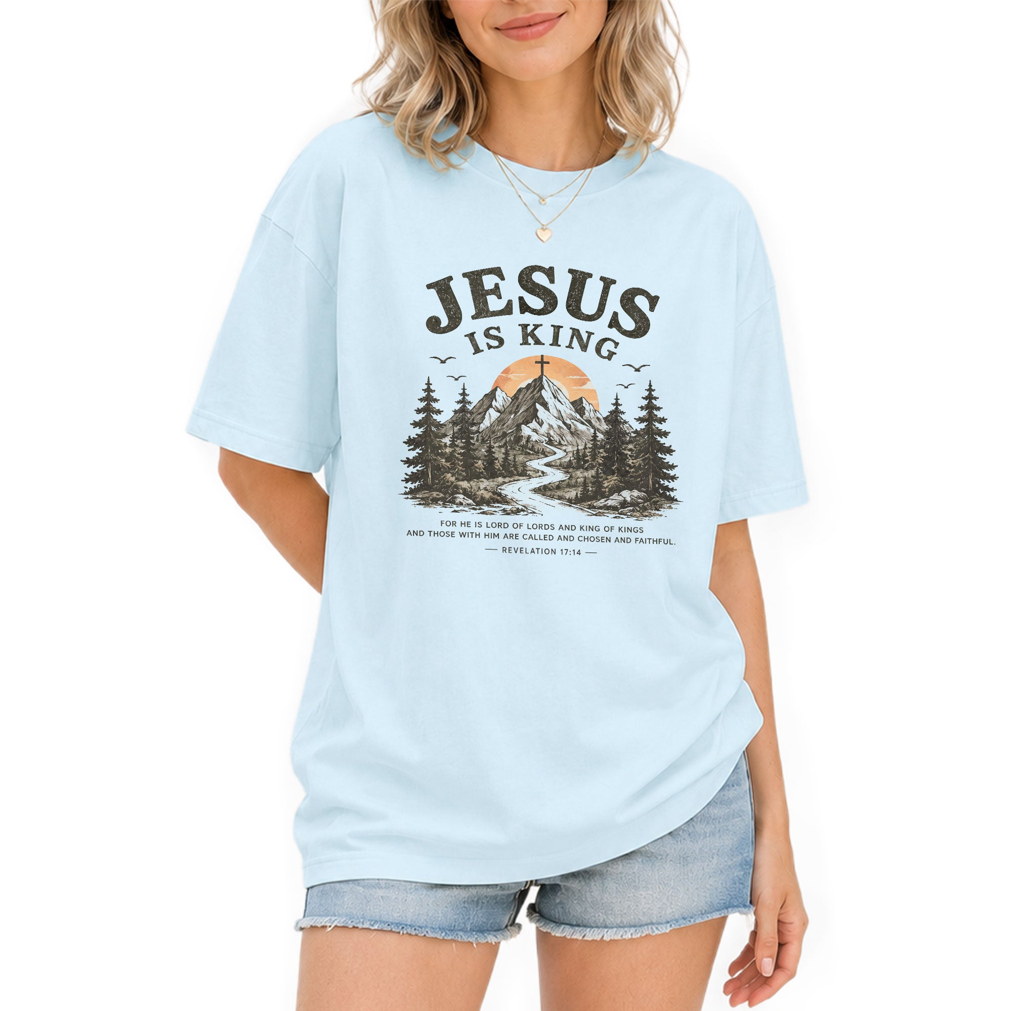 Jesus Is King Mountain Cross Trees Revelation 17 14 Graphic Christian T Shirt Women - Rust Field Wear