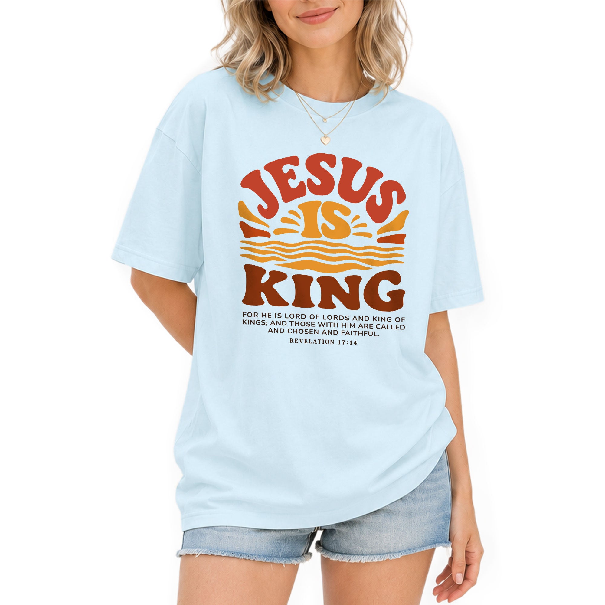 Jesus Is King Retro Sunset Waves Revelation 17 14 Graphic Christian T Shirt Women - Rust Field Wear