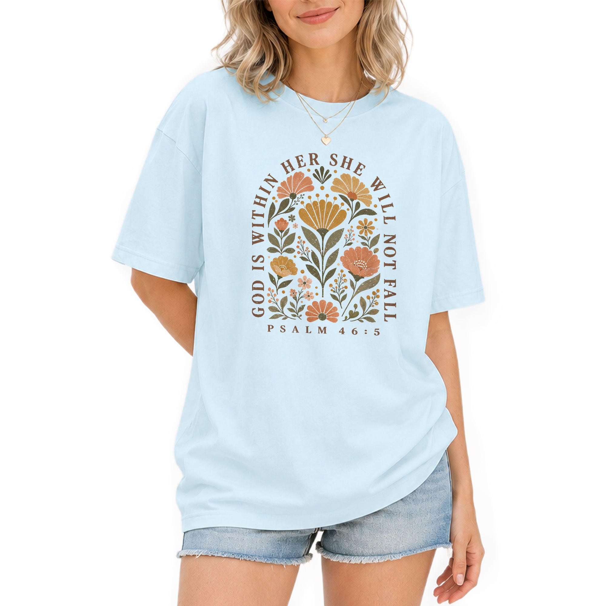 God Is Within Her She Will Not Fall Shirt Floral Christian Psalm 46 5 Graphic Tee - Rust Field Wear