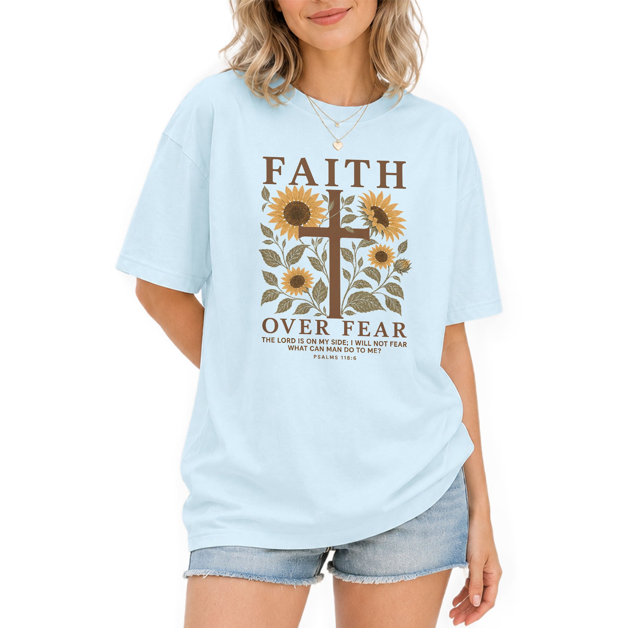 Faith Over Fear Shirt Christian Women Sunflower Cross Shirt Psalm 118 Bible Verse Floral Tee - Rust Field Wear