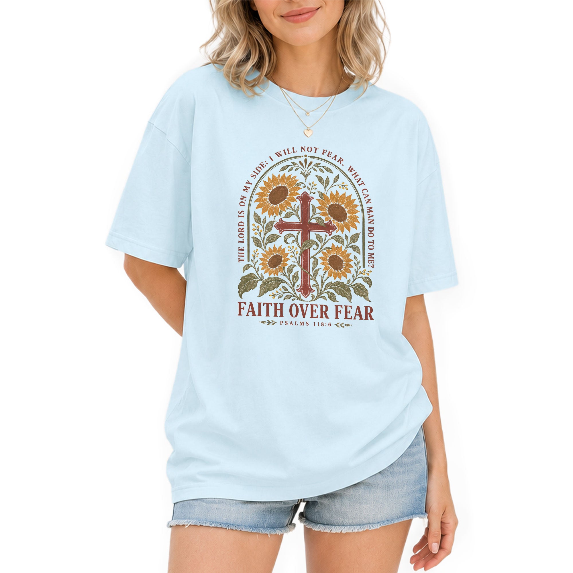 Faith Over Fear Shirt Women Sunflower Cross Christian Shirt Aesthetic Bible Verse Graphic - Rust Field Wear